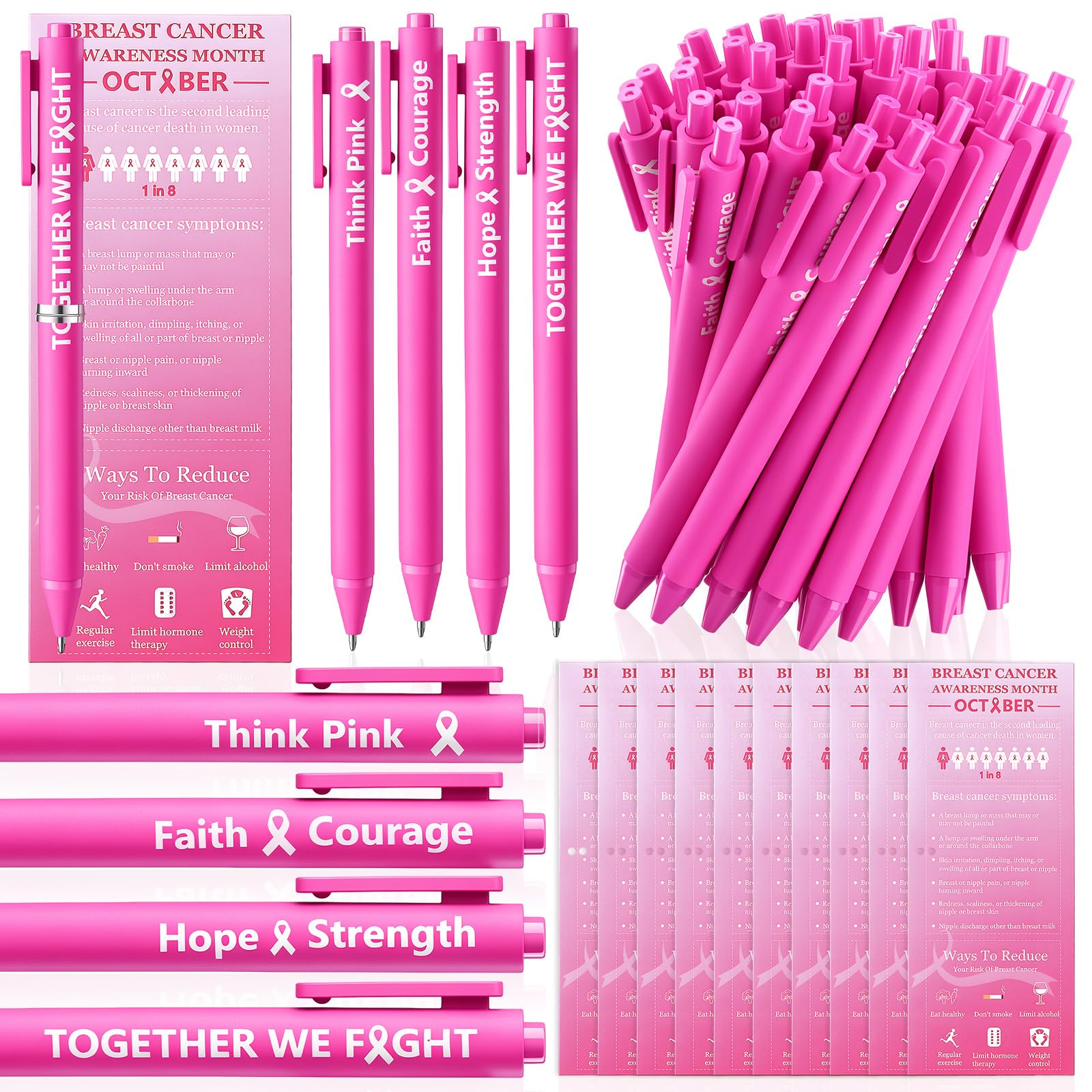 Jaloro 100sets Breast Cancer Awareness Ballpoint Pen Bulk with October Awareness Cards Retractable Breast Cancer Pens Pink Ribbon Message Ballpoint Pens for Charity Recognition Event Fundraiser