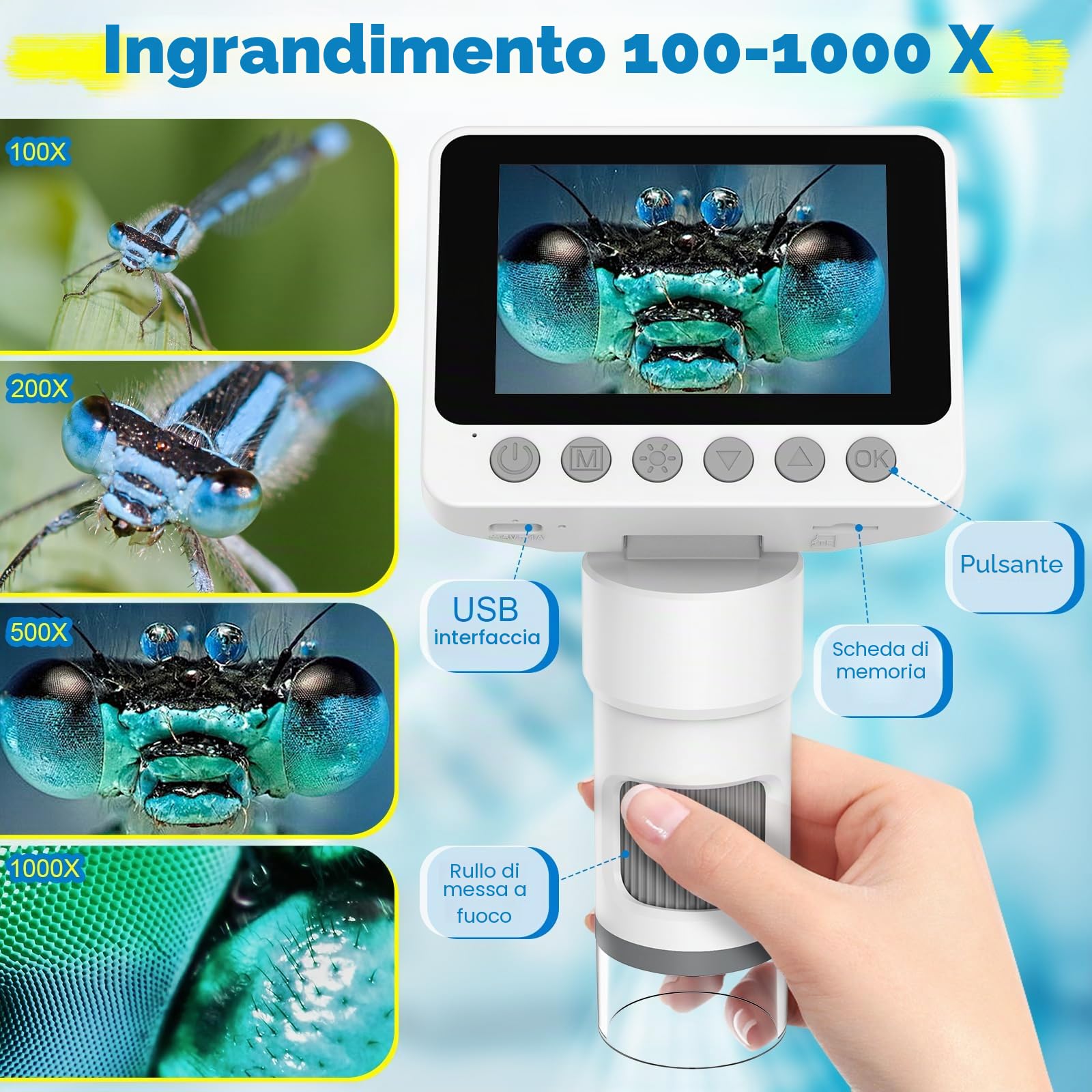 Microscopio tascabile digitale portatile per bambini, 1000X lente d'ingrandimento con luce per monete, gioielli, lettura, scienza, apprendimento