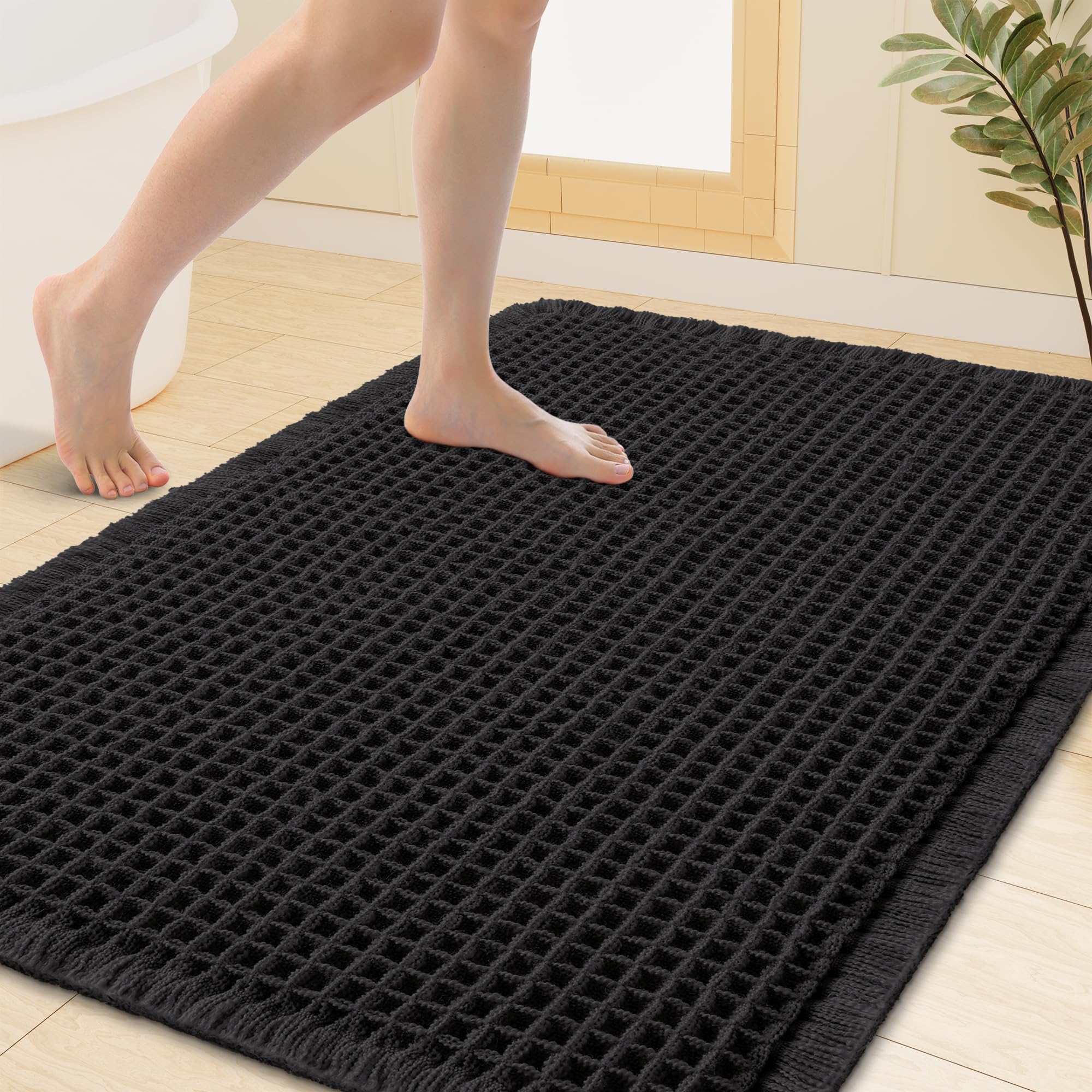 Smiry Waffle Bath Mat 40X32, Extra Soft Absorbent Bathroom Rugs, Black