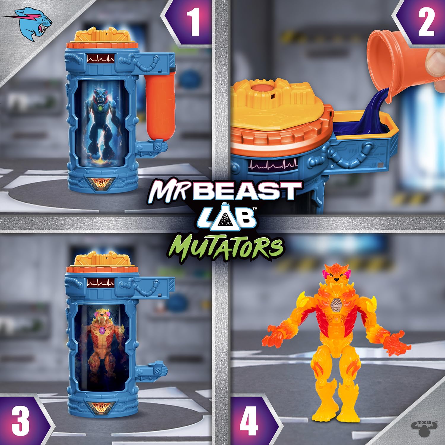 MrBeast Lab Hyper Fusion Mutators, Réalise Une expérience, Ajoute du Liquide, Appuie sur Le Lecteur d'empreinte, Découvre la Fire Panther, + de 20 Points d'articulation, 3 à Collectionner