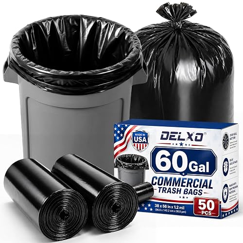 Delxo 55-60 Gallon Trash Bags, 50 Count, 38” x 56” Heavy Duty Garbage Bags | 1.2 Mil Black Large Plastic Trash Bags, Trash Can Liners for Commercial, Foodservice, Events & Home, Made in USA