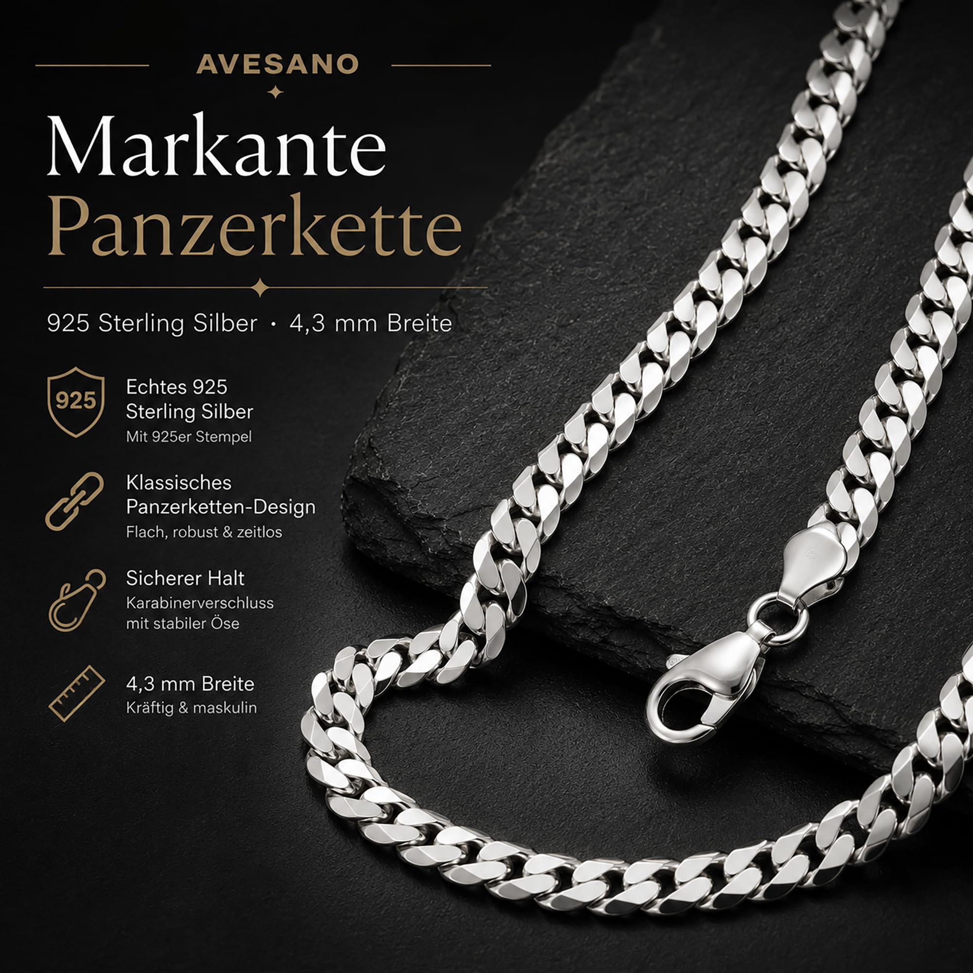 Silberkette Herren 925 Silber Panzerkette 4,3mm Halskette 101042-0 | Sterlingsilber Ketten Länge 45 50 55 60 cm verfügbar Geschenk Freund
