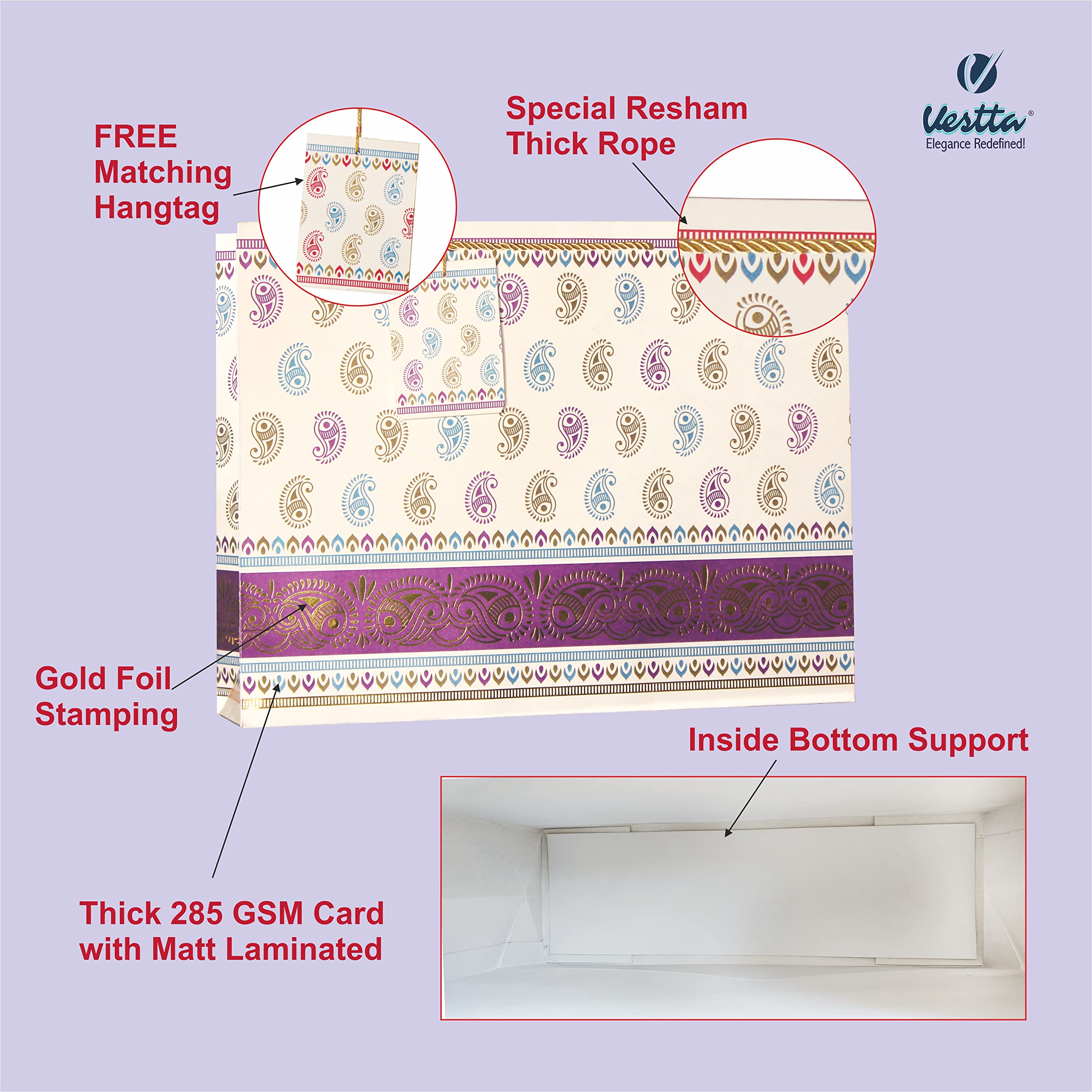 VESTTA -ELEGANCE REDEFINED, Gifts Bags, Extra Large, 17 (L) x 5 (B) x 13 (H) Inches, Pack of 10, Traditional Paisley Golden Border, Matt Finish, for Weddings, Diwali with Gift Tags (Purple) 1