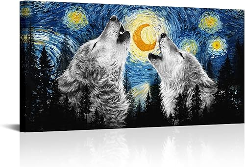 Miniatura 1 de KLVOS Lienzo de lobo grande para pared, arte de animales salvajes en blanco y negro, ilustraciones rústicas de cabaña enmarcadas para sala de estar,