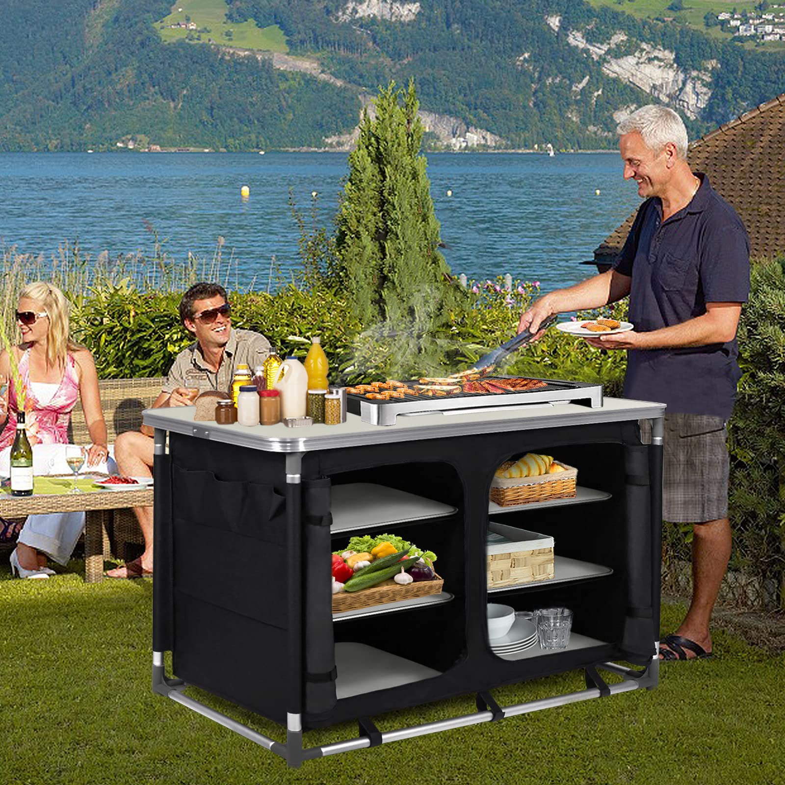 ACXIN Campingküche Faltbarer Campingschrank, Küchenbox Reiseküche, mit Alurahmen, Staufächer, Tischplatte, inkl. Tragetasche