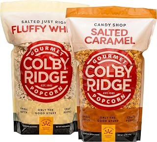Colby Ridge 4 Gallon Gourmet Craft Popped Gluten Free Popcorn Snack Sized Large 2-Pack Pouches (Fluffy White and Salted Caramel)