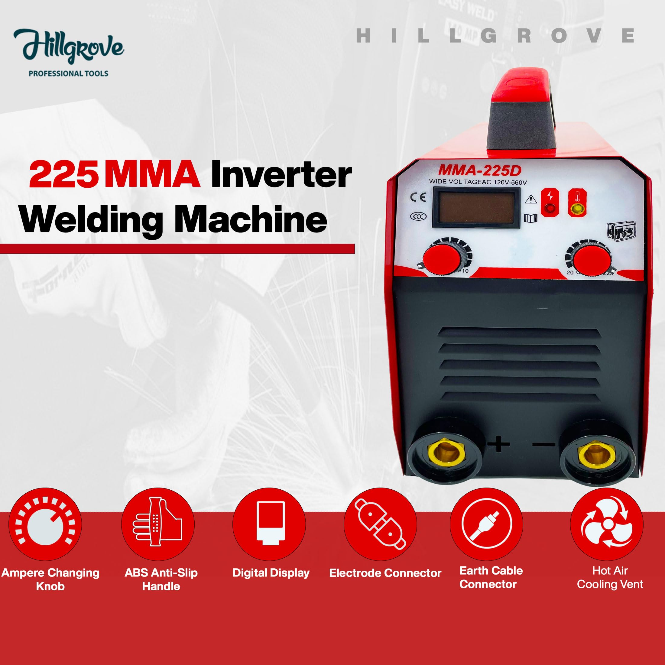 Hillgrove HGCM1210M3 225Amp Arc Force Control, AC, Anti Stick, Hot Start Function Rod Digital Display IGBT Based VRD Technology MMA Inverter Welding Kit Machine