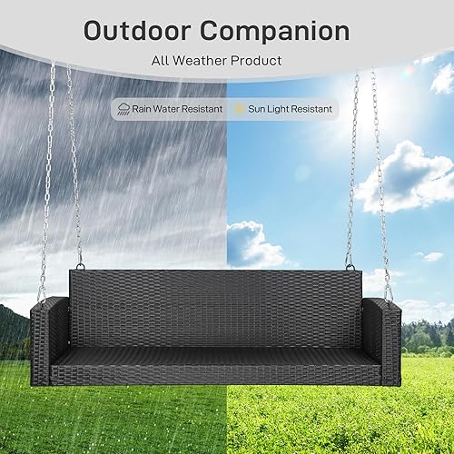 Miniatura 6 de Outvita Columpio para porche, columpio colgante de 5 pies para exteriores, columpio de mimbre para 3 personas, con cojín, almohada y cadena para