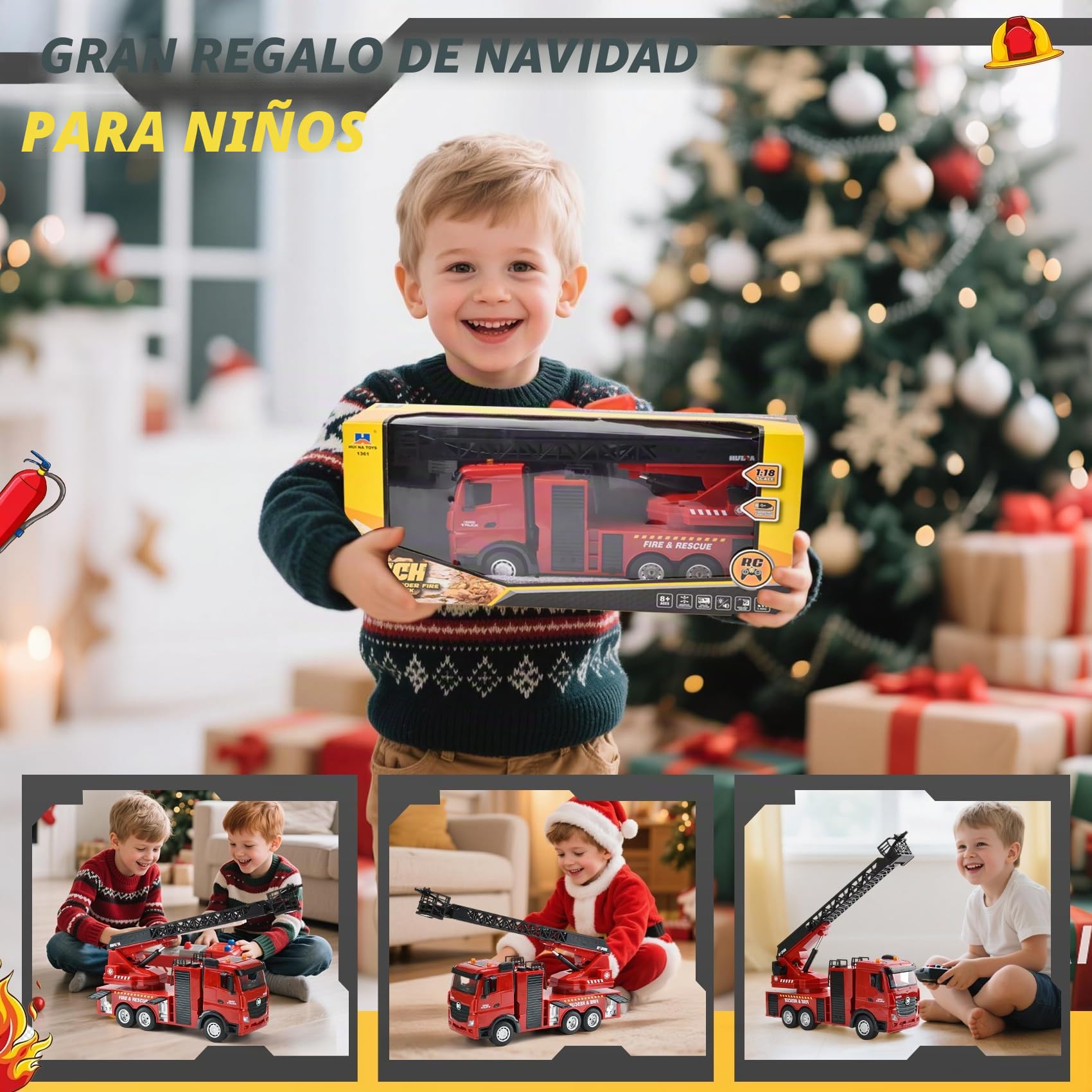 Gran Camión de Bomberos RC 1:18, Camión Bomberos con Escalera Giratoria 270° & Cañón de Agua, 7.4V Recargable, Luces y Sonido, Camiones de Juguete para Niños de 3 a 12 Años