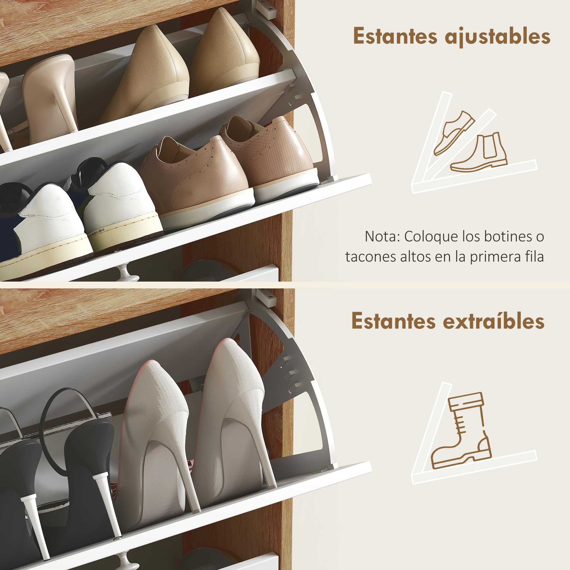 HOMCOM Zapatero Estrecho con 2 Puertas 60x24,5x75,5 cm Natural y Blanco | Zapatero para Entrada Recibidor,Estantes Regulables,Capacidad para 12 Pares de Zapatos,para Pasillo y Espacios Pequeños