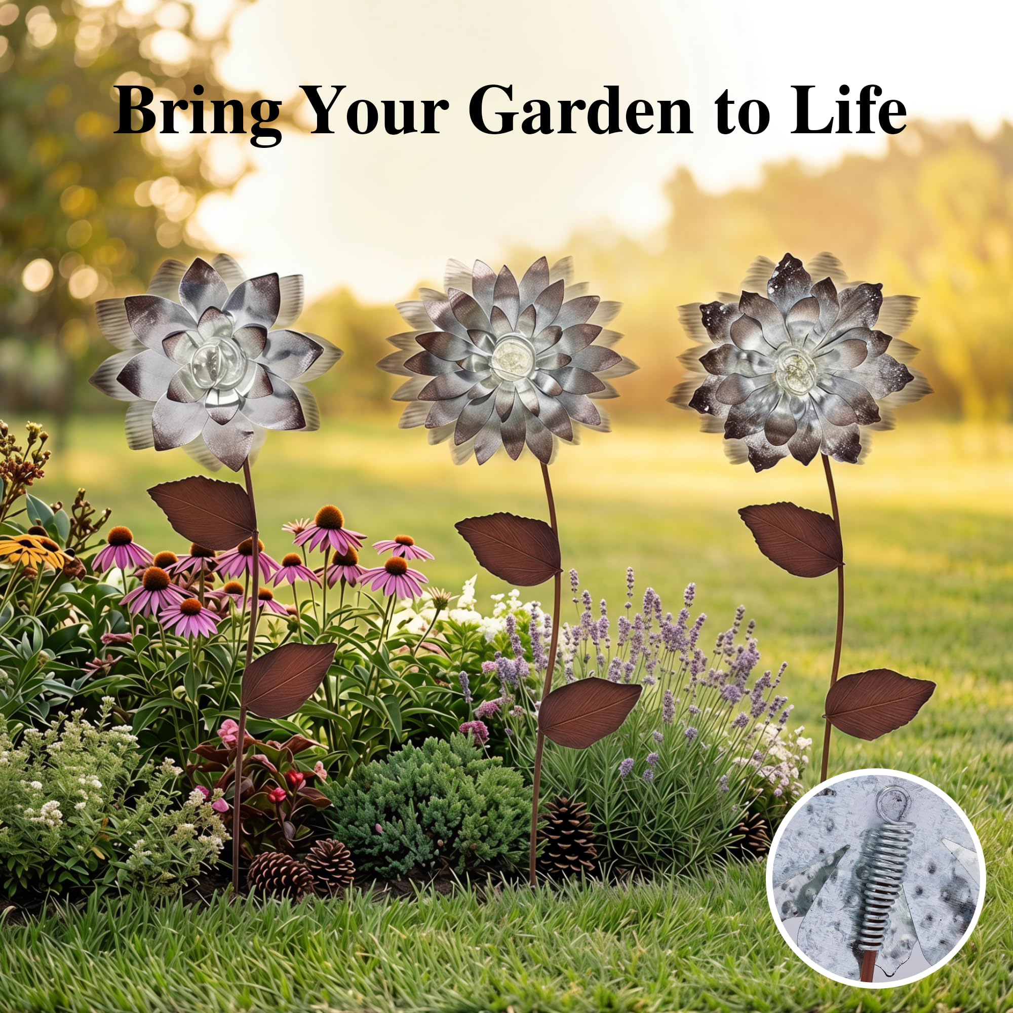 Lot de 3 piquets de jardin en métal brillant dans le noir argenté résistant à l'eau pour pelouse, cour, patio
