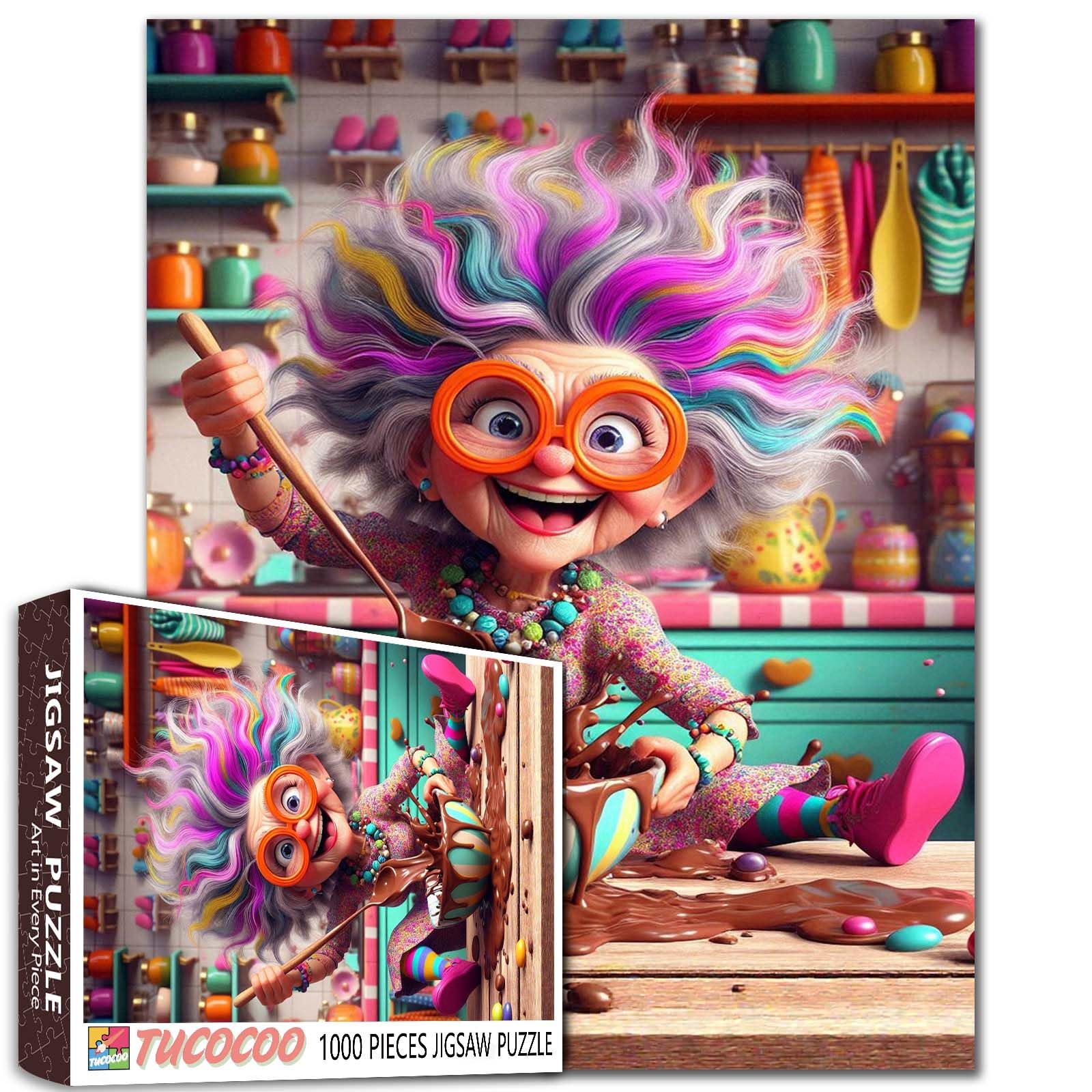 Grandma Baking Puzzles for Adults 1000 Pieces Colorful Kitchen Chaos Jigsaw Puzzles for Game Nights Rainbow Hair Jigsaw Puzzle for Challenging Family Activity Game DIY Craft Puzzle Home Decor Gifts