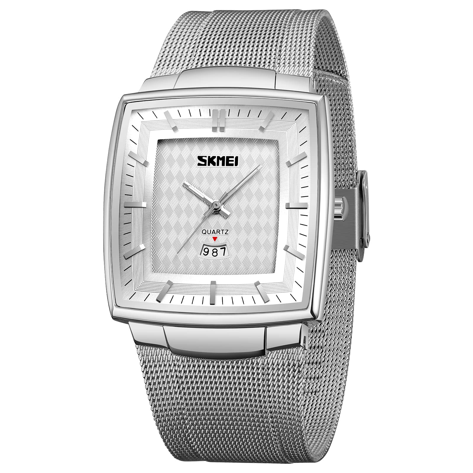 SKMEI Leather Men Quartz Analog Watch Stainless Steel Analog Watch Band Fashion Simple Business Style With Luminous For Men - 9311, Silver Dial, Silver Band