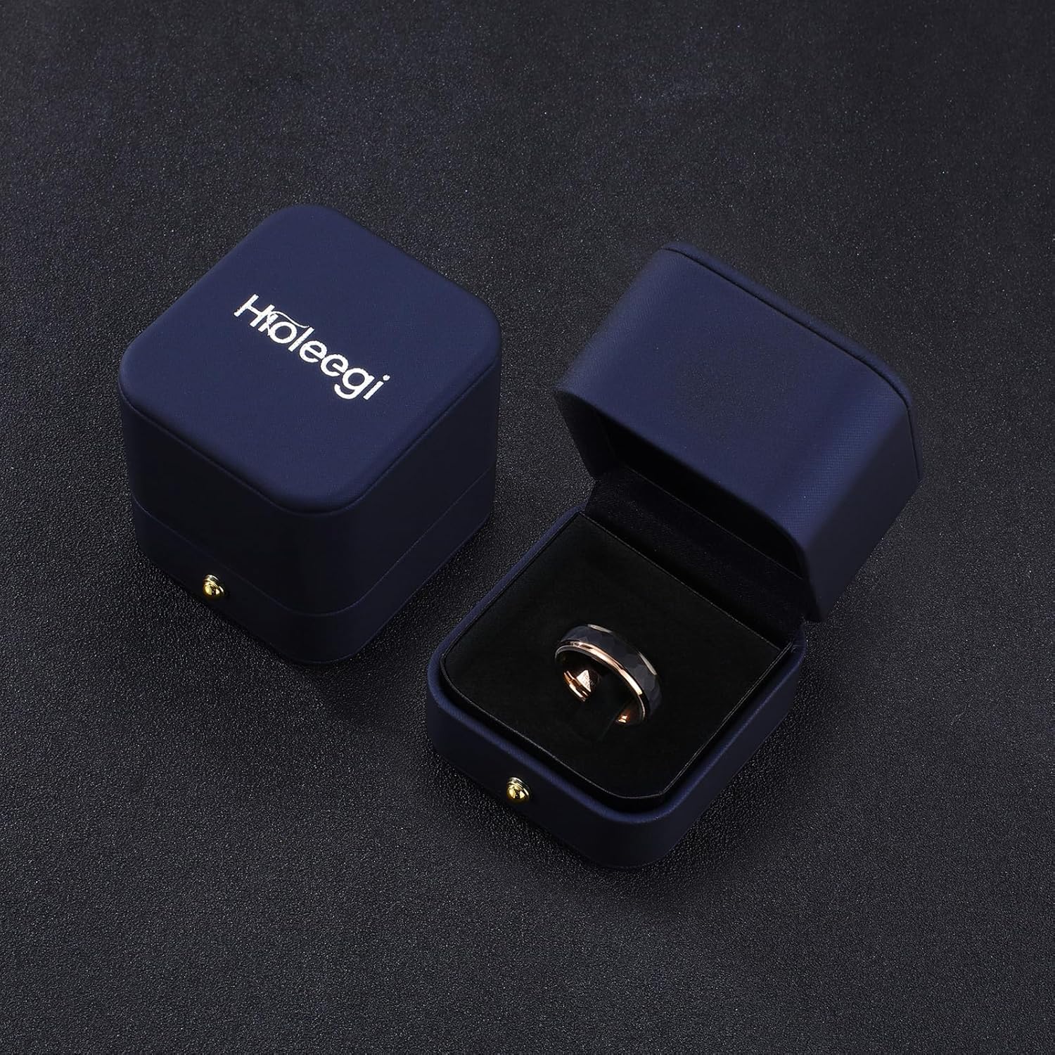 Men's Black Tungsten Carbide Ring with Rose Gold Lines - Single Step Hammered Finish, Comfort Fit, Hypoallergenic Wedding Band (8mm Width) - Image 6