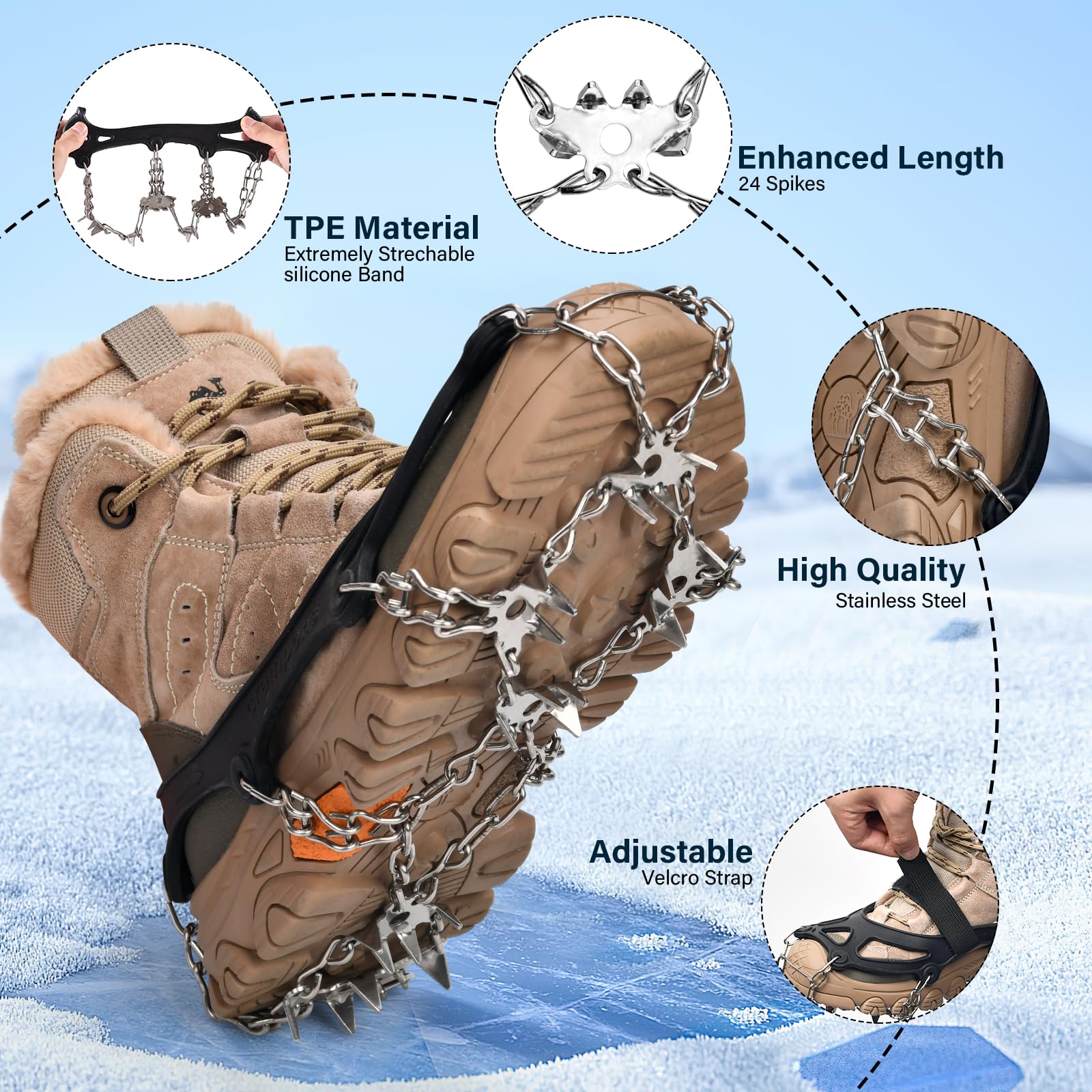 Steigeisen für Bergschuhe mit 24 Zähne, Spikes für Wanderschuhe,Verdickte Schuhkrallen aus Edelstahl,für Walking, Joggen, Klettern und Wandern (M)