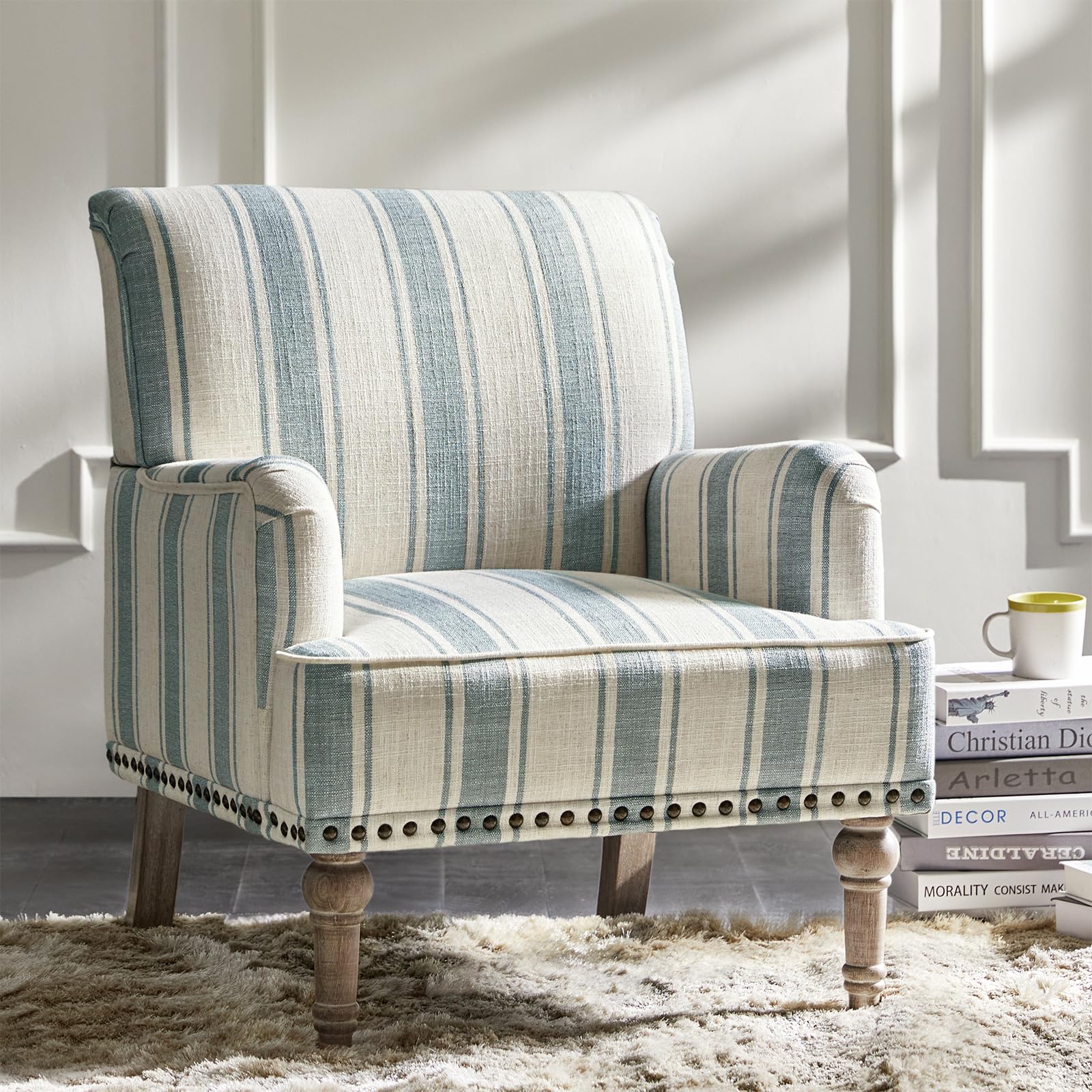 HULALA HOME Modern Accent Chair with Arms and Wooden Legs, Comfy Upholstered Armchair with Nailhead Trim for Living Room, Bedroom, Blue