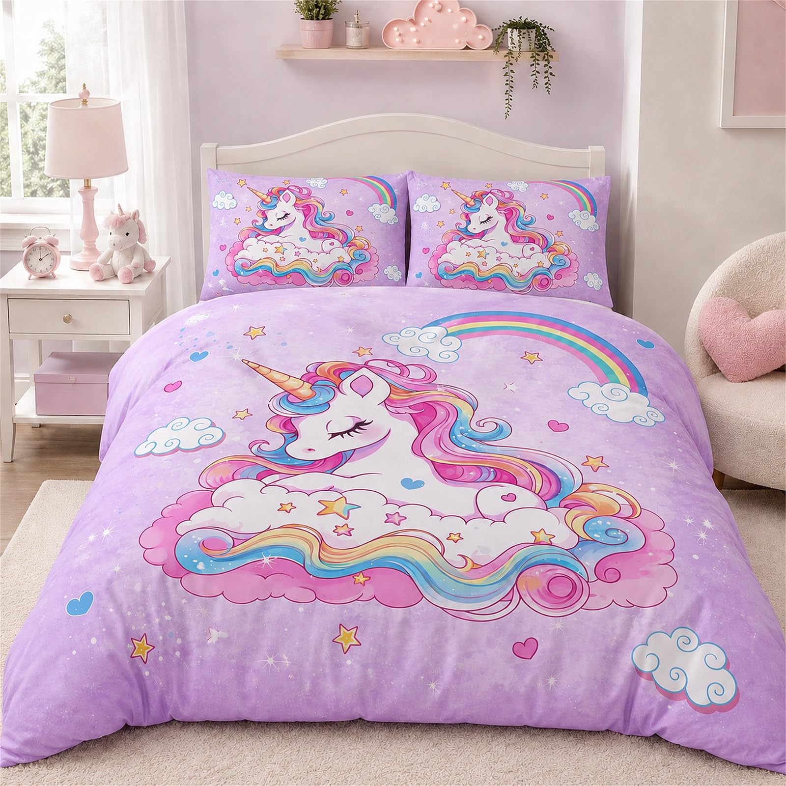 Vryxel Girls Kids Unicorn Rainbow Bedding Double Duvet Cover Set Bed Zipper Purple Pink 200 x 200 CM