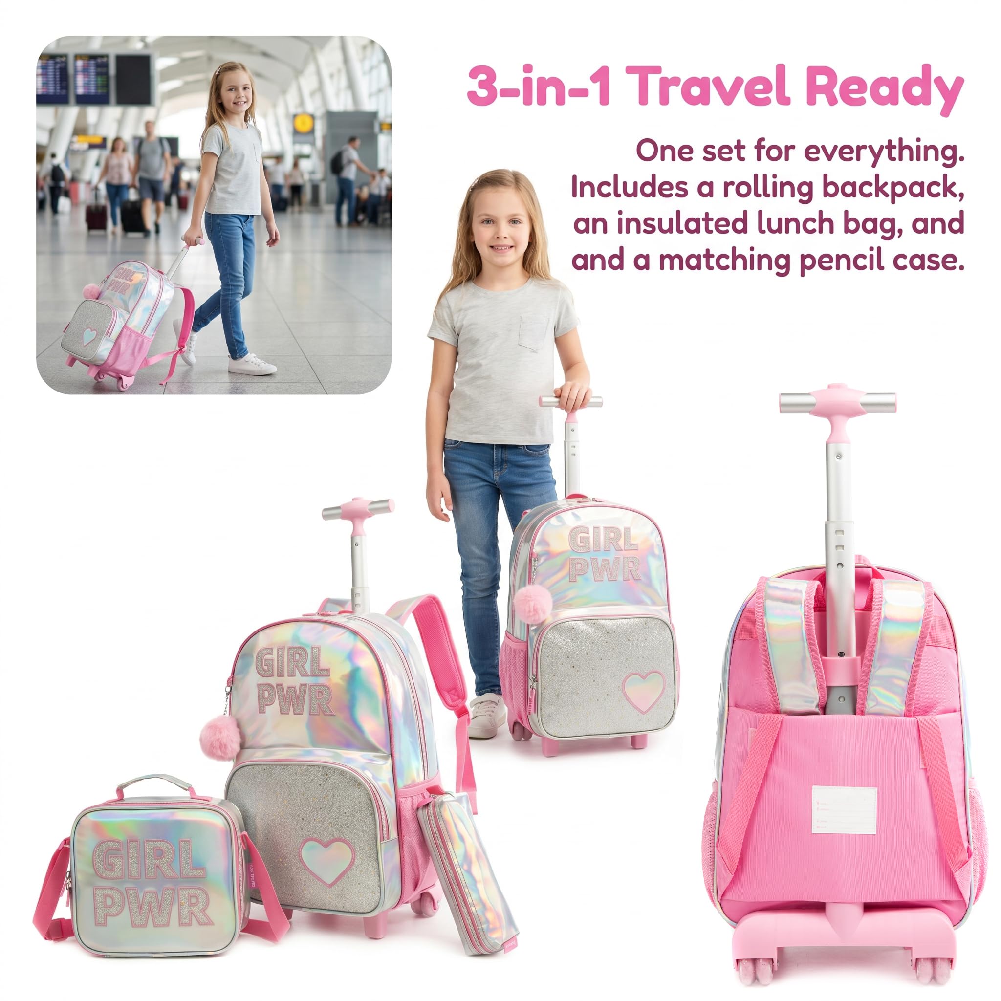 Kinder Rucksack mit Rollen für Mädchen die Schule Ledermaterial Koffer Schultrolley Komplett mit Lunchbag und Federmäppchen-Set Geeignet Grundschüler Jugendliche 5-12 Jahre Alt Rosa