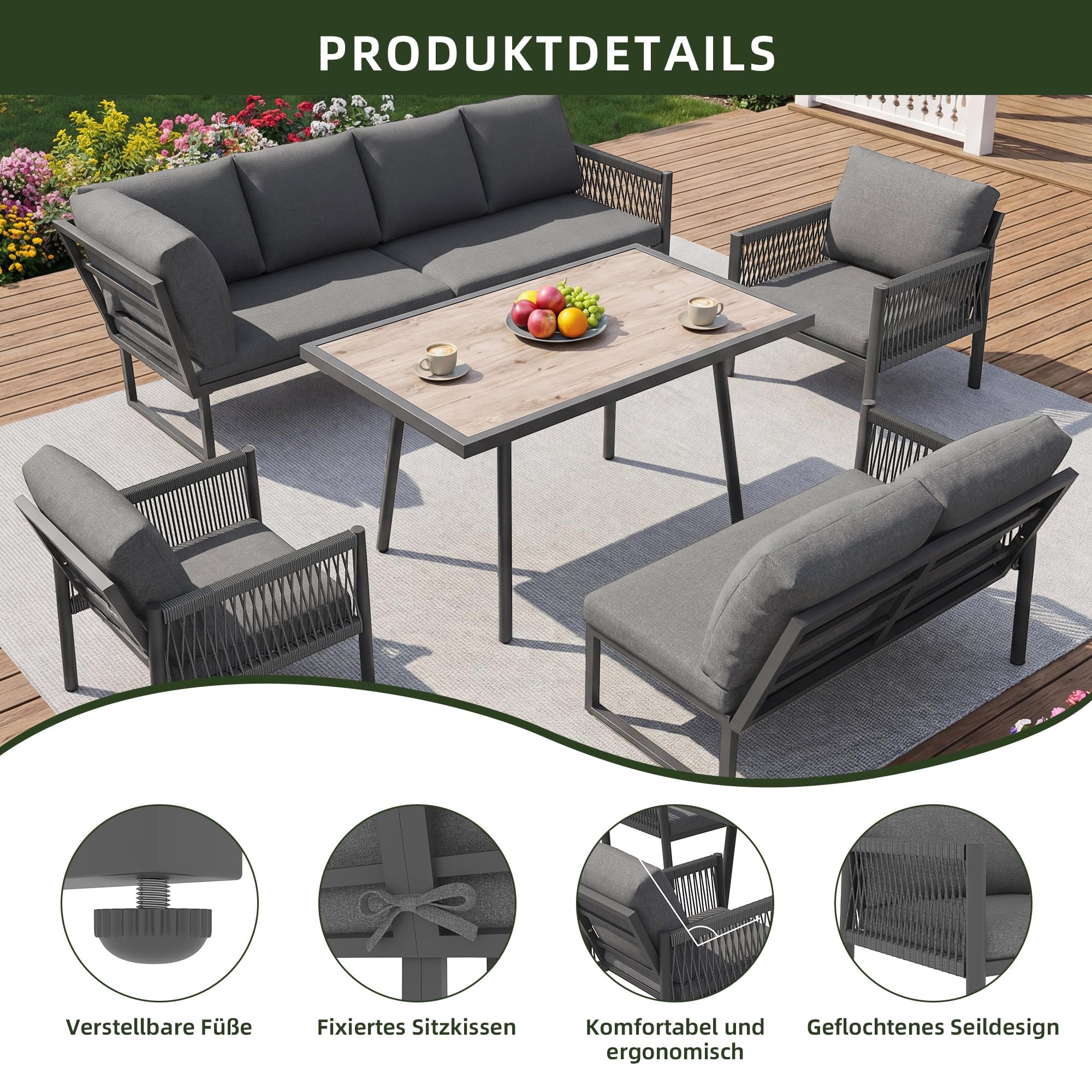 Conjunto de muebles de jardín para exteriores, sofá de jardín en forma de L para 7-8 personas, incluye 1 mesa con tablero de vidrio de imitación de madera y 2 sillones trenzados a mano, para