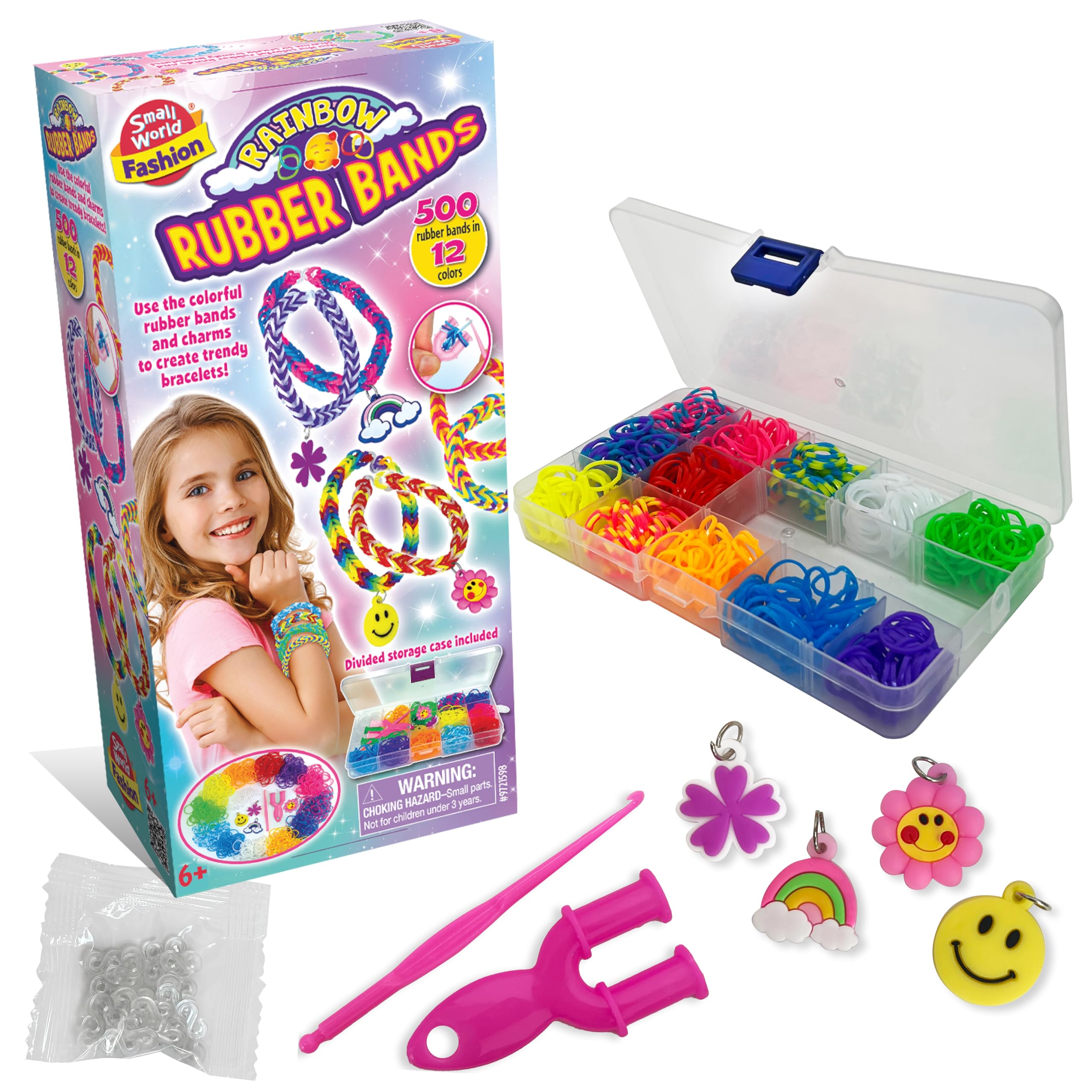 Small World Toys Fashion Rainbow Rubber Bands Bracelet Making Kit, 500 Bands in 12 Colours, Storage Case Included, Ages 6+