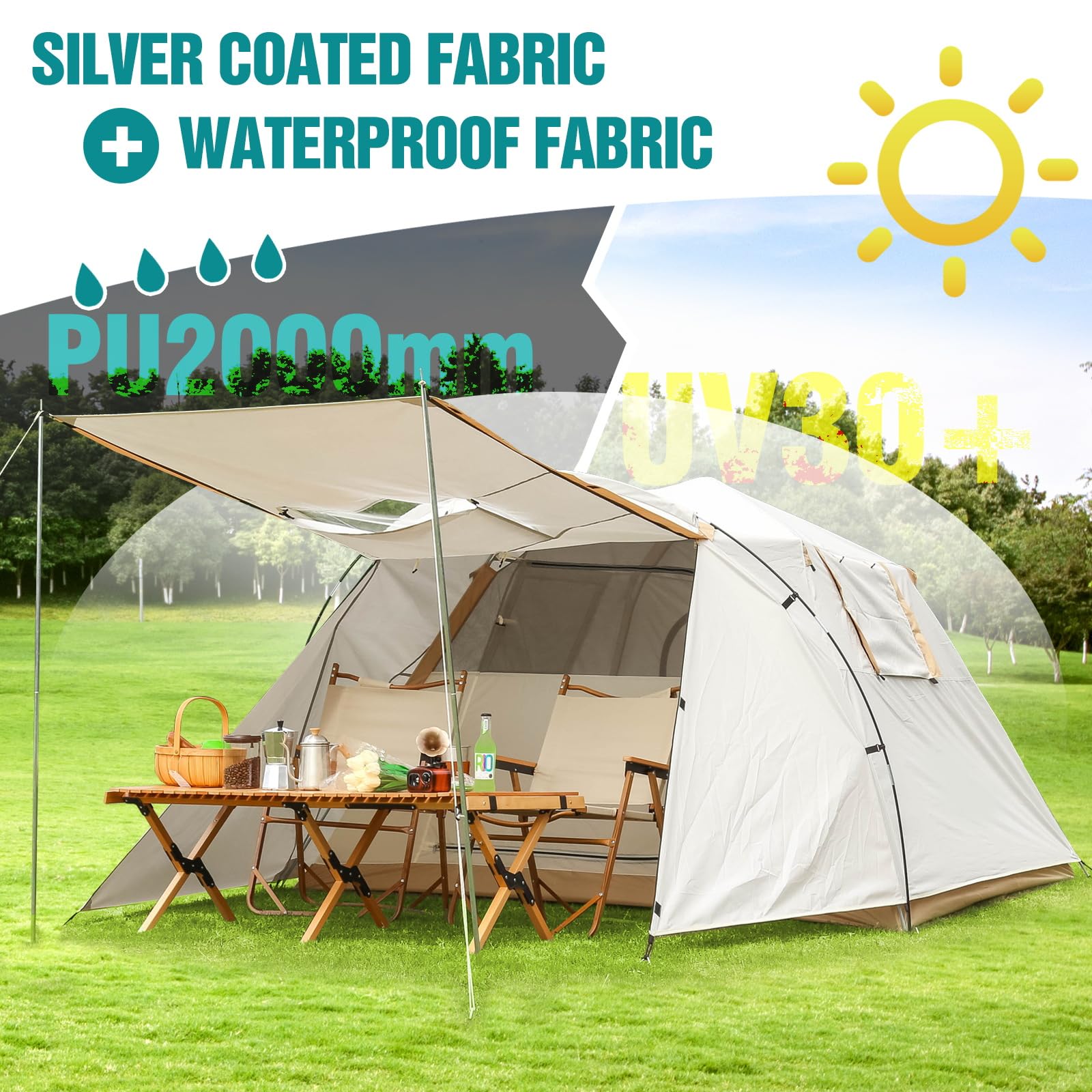 Chihee Camping Tents Pop-Up Portable Tent Outdoor Shelter,Family Tent 2 Doors Instant Set up Large Weatherproof Tent 4 Seasons Tents with Screened Porch Room Awning Include Rain Fly Carry Bag Hiking