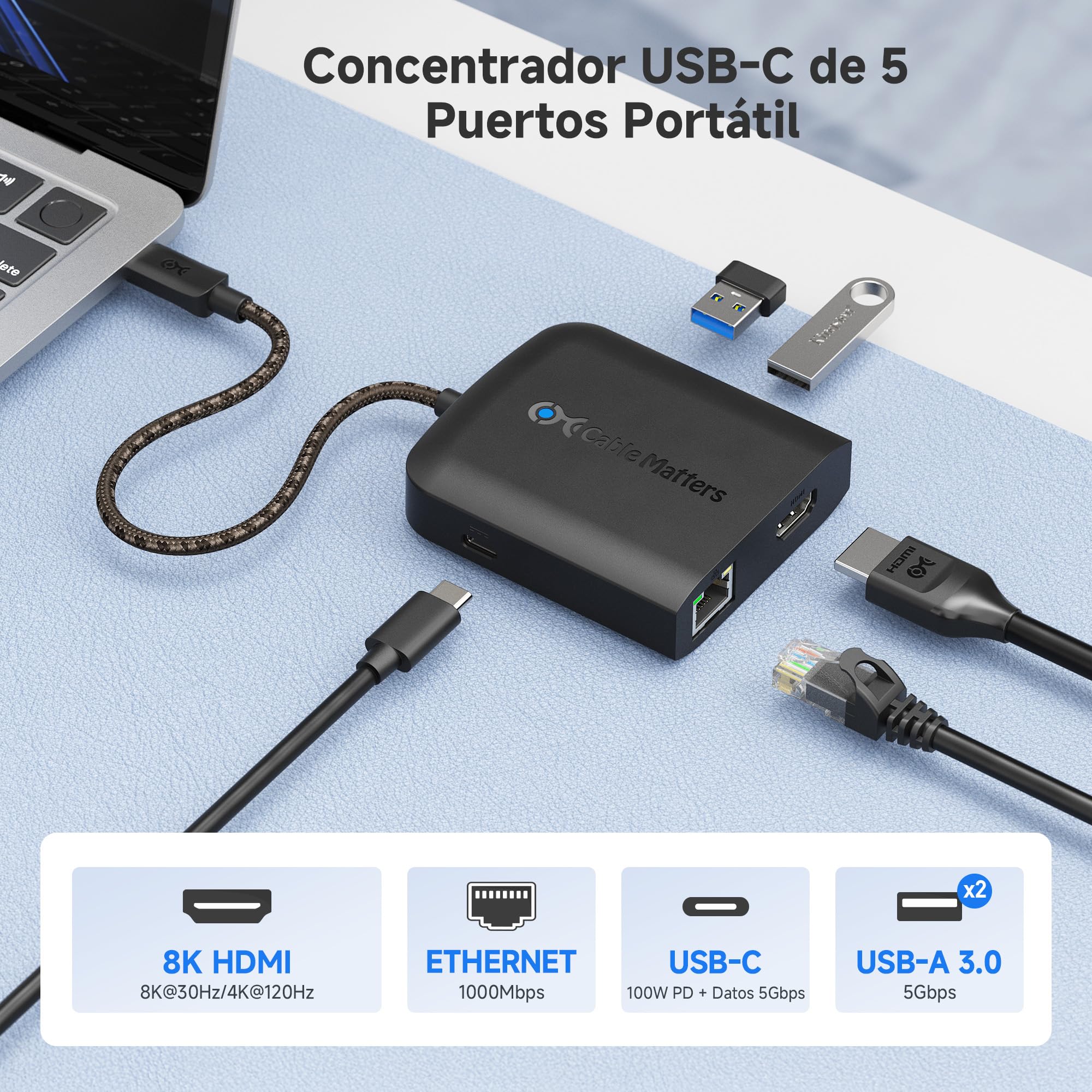 Cable Matters Hub USB-C HDMI con 2 Puertos USB 3.0, 8K, Negro | 4K@120Hz, Ethernet Gigabit, Power Delivery de 100 W, transferencia de datos 5 Gbit/s, negro