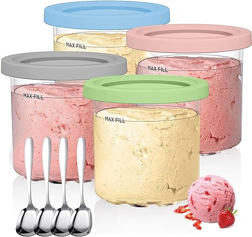 BBAUER Containers Replacement for Ninja Creami Pints and Lids - 4 Pack,16oz Cup Compatible with NC301 NC300 NC299AMZ Ice Cream Makers,Dishwasher