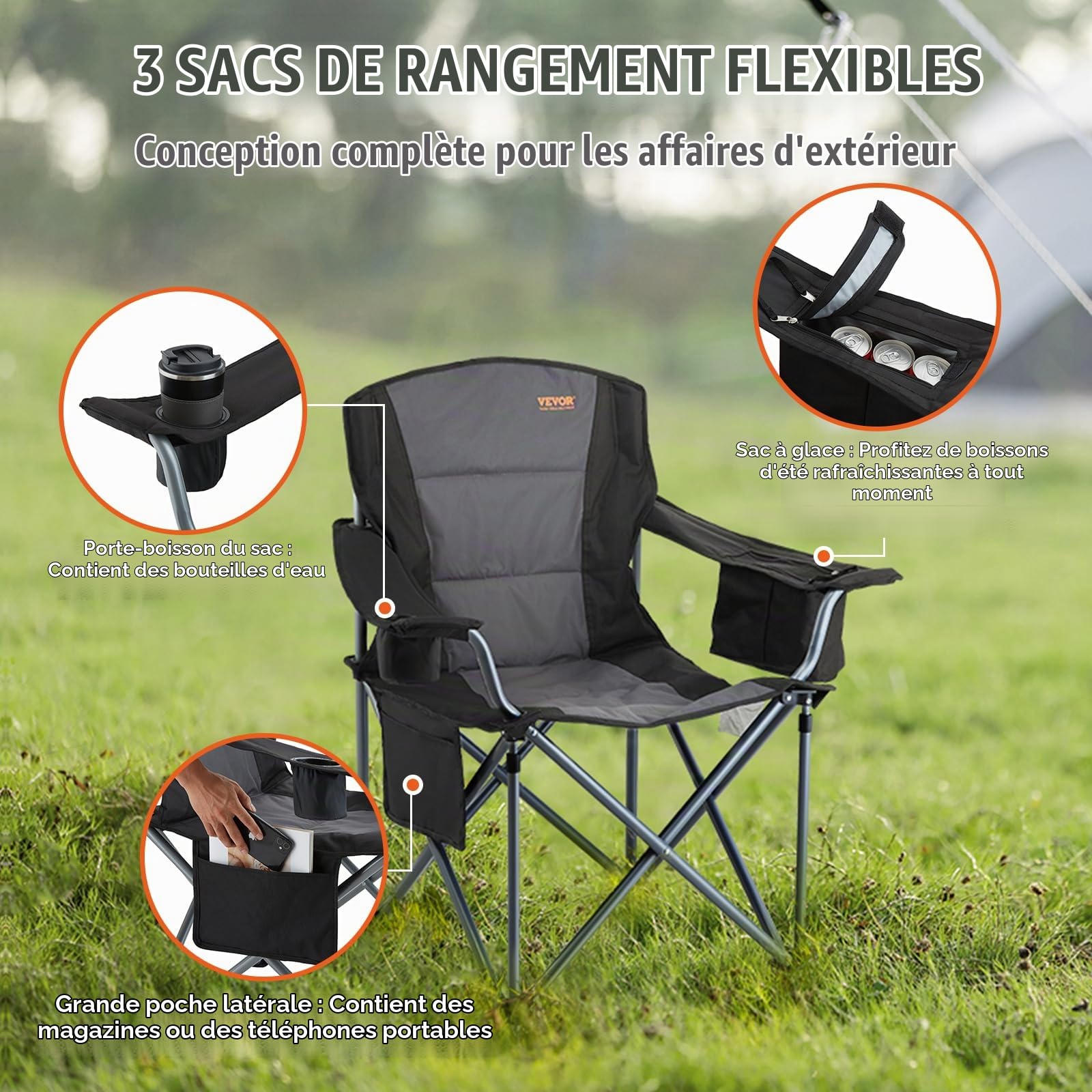 VEVOR Chaise de Camping Pliante en Plein Air 98x63x99 cm Chaise de Pêche Extérieur en INOX Charge 158 kg Siège Pliant Portable Léger avec Porte-Gobelet 3 Sacs de Rangement pour Pique-Nique Randonnée