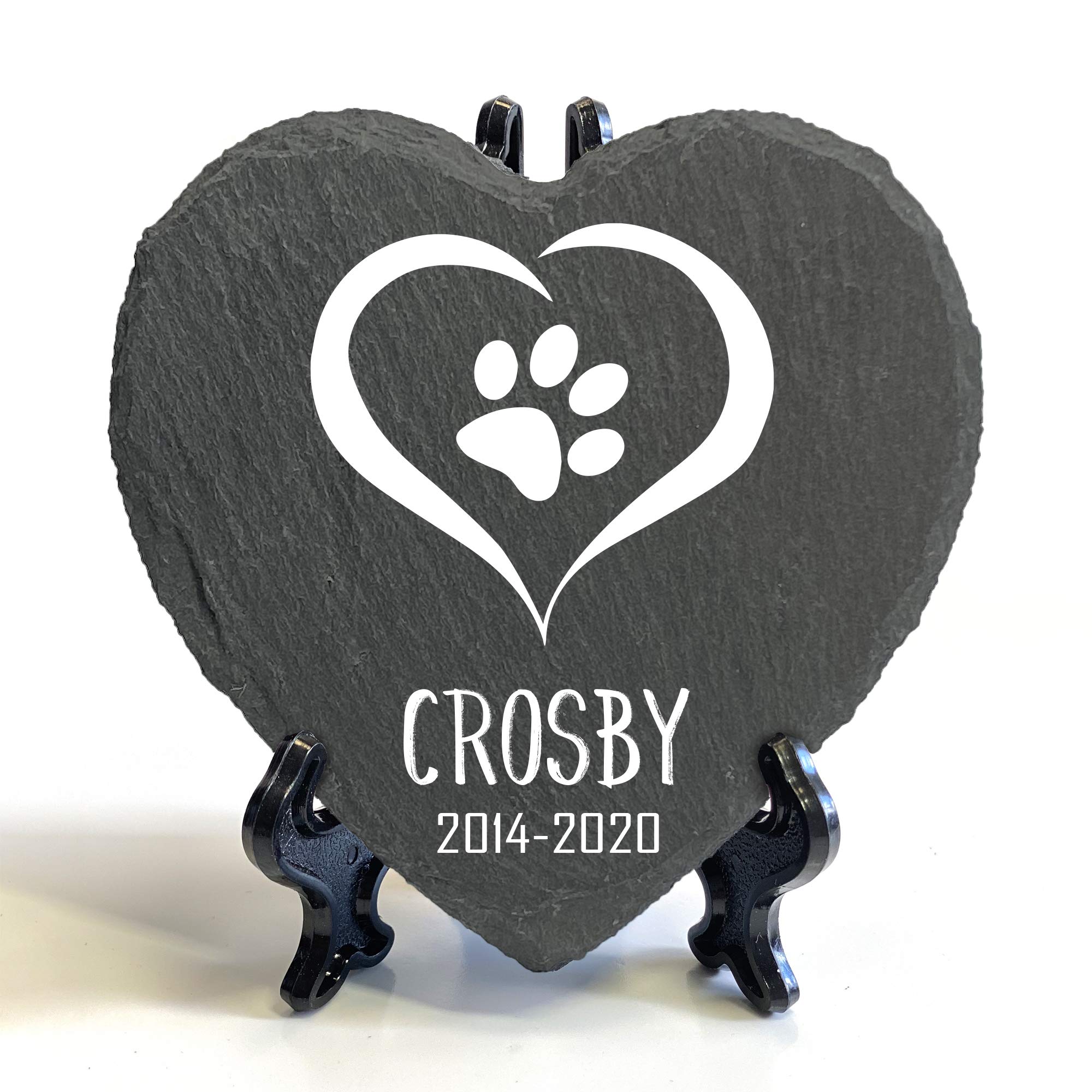 TULLUN Personalised Memorial Heart Shape Plaque + Black Stand For Pet Cat Dog Slate Stone Rock Frame Paw Grave Marker - Name - Size | 4" x 4" or 10 x 10 cm | — image 1