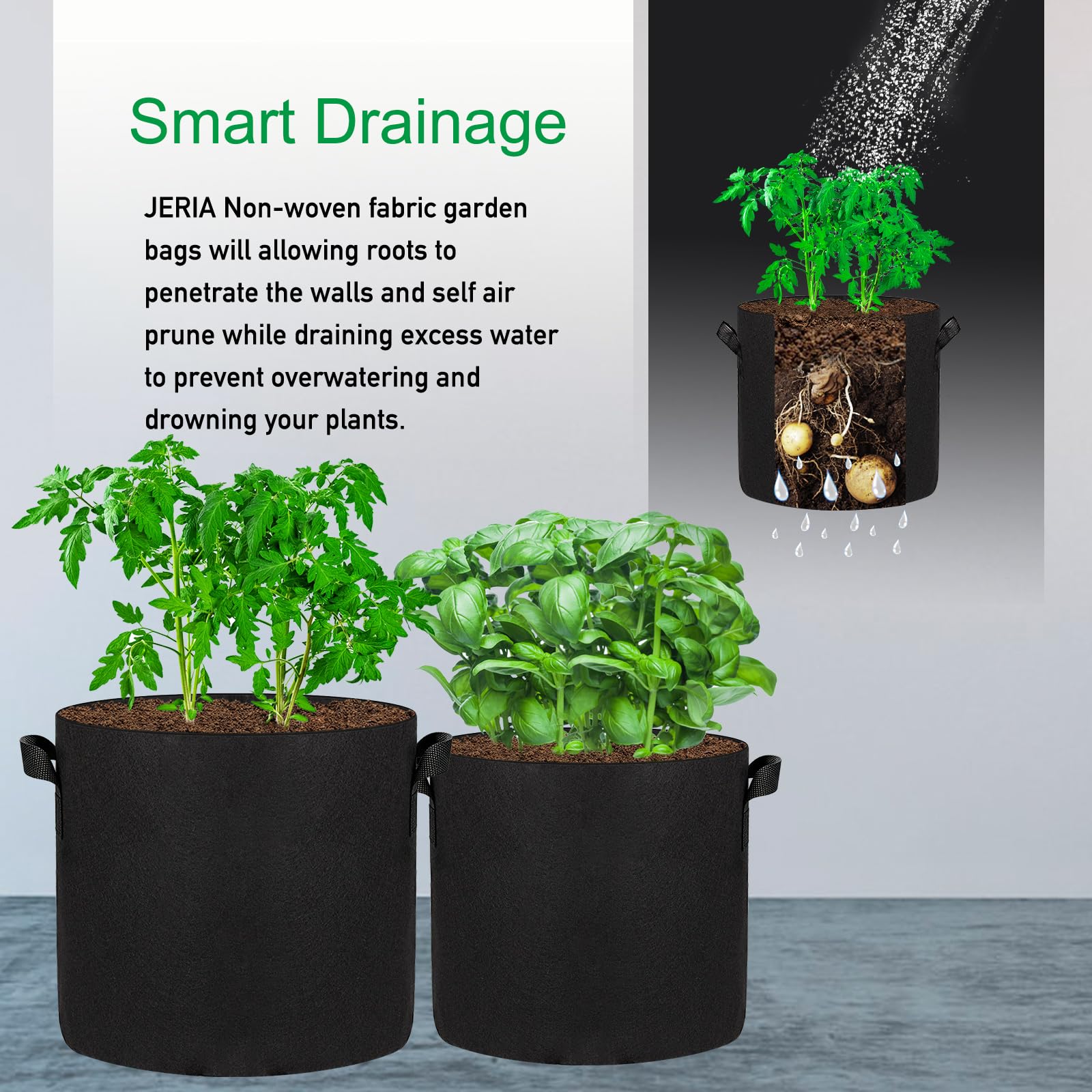 JERIA Lot de 12 Sacs de Culture pour légumes/Fleurs/Plantes, Pots d'aération en Tissu avec poignées (Noir), livrés avec 12 étiquettes pour Plantes