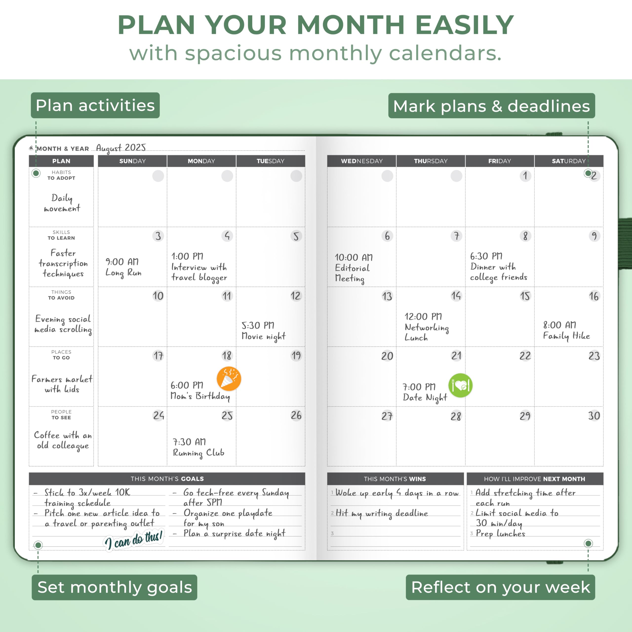 Clever Fox Planner grande – Agenda settimanale e mensile non datata per produttività, gestione del tempo e obiettivi – Diario organizer – 17,8 x 25,4 cm (verde foresta)