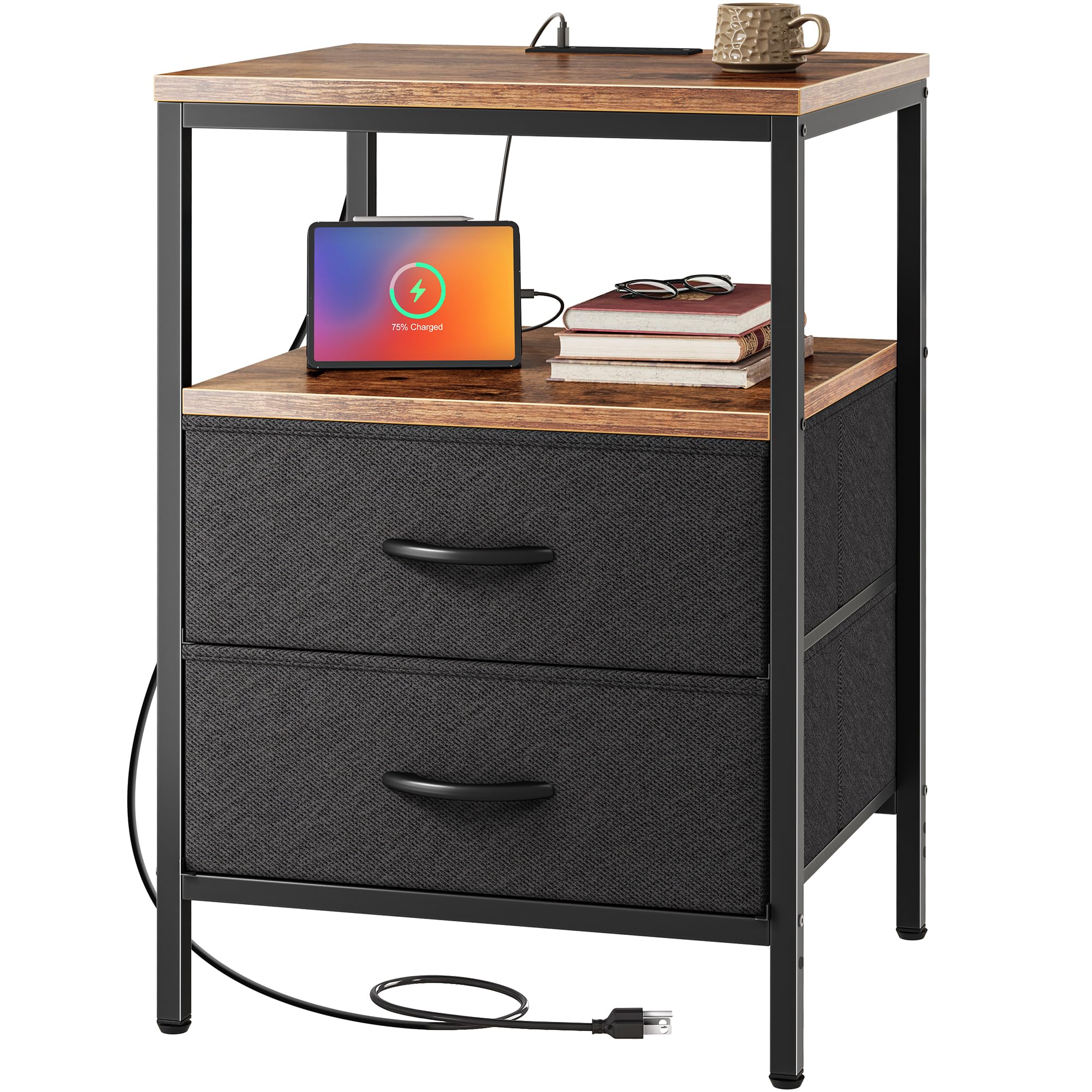 Huuger Night Stand with Charger Station, 27.7 Inch Tall Nightstand, Bed Side Table with 2 Fabric Drawers, Fabric Drawer Dresser for Bedroom, Living Room, Rustic Brown and Black