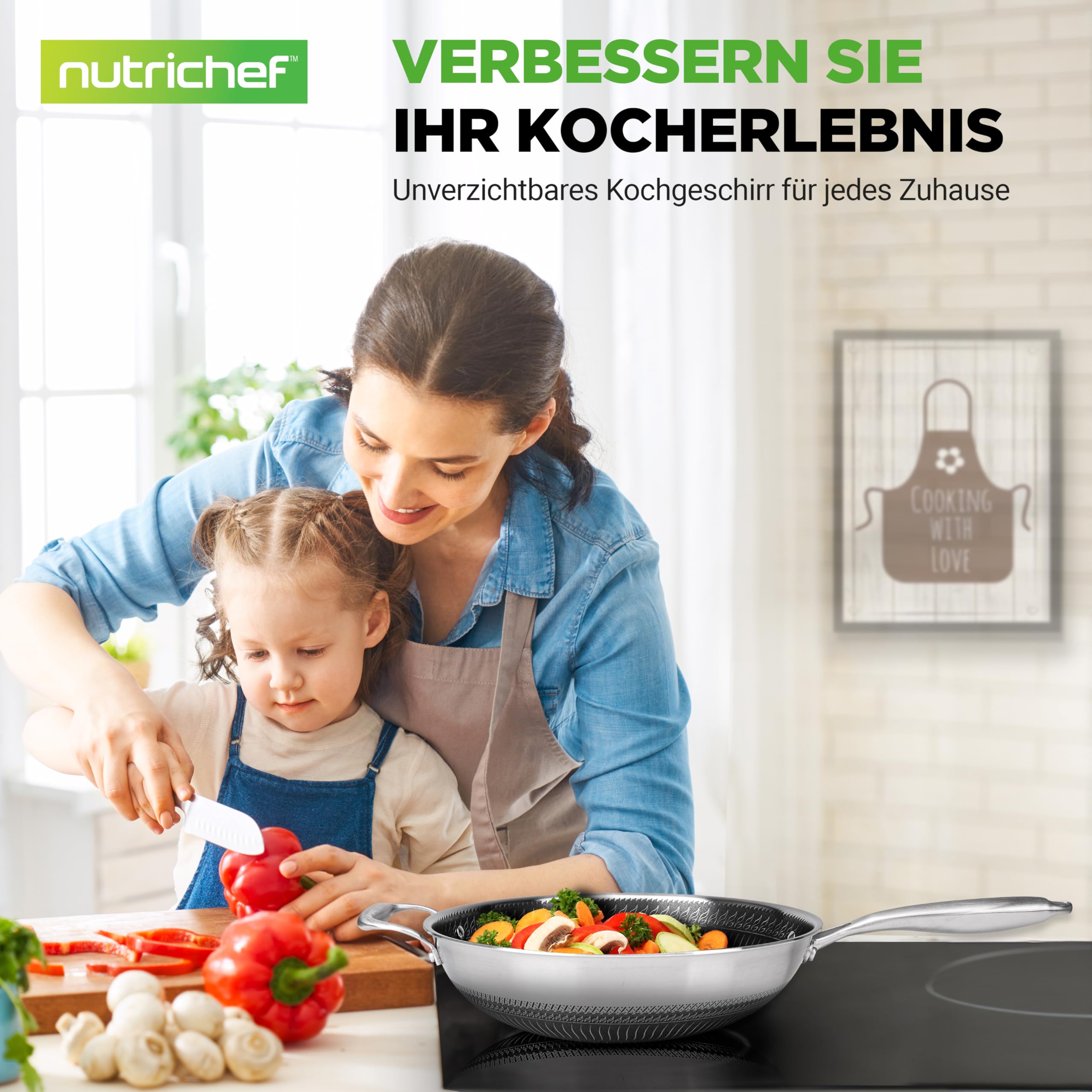 NutriChe Woklpfanne 31 cm mit Deckel – Antihaft pfanne Induktion Kratzfest spülmaschinengeeignet ofenfest und für Metallutensilien geeignet, Silver