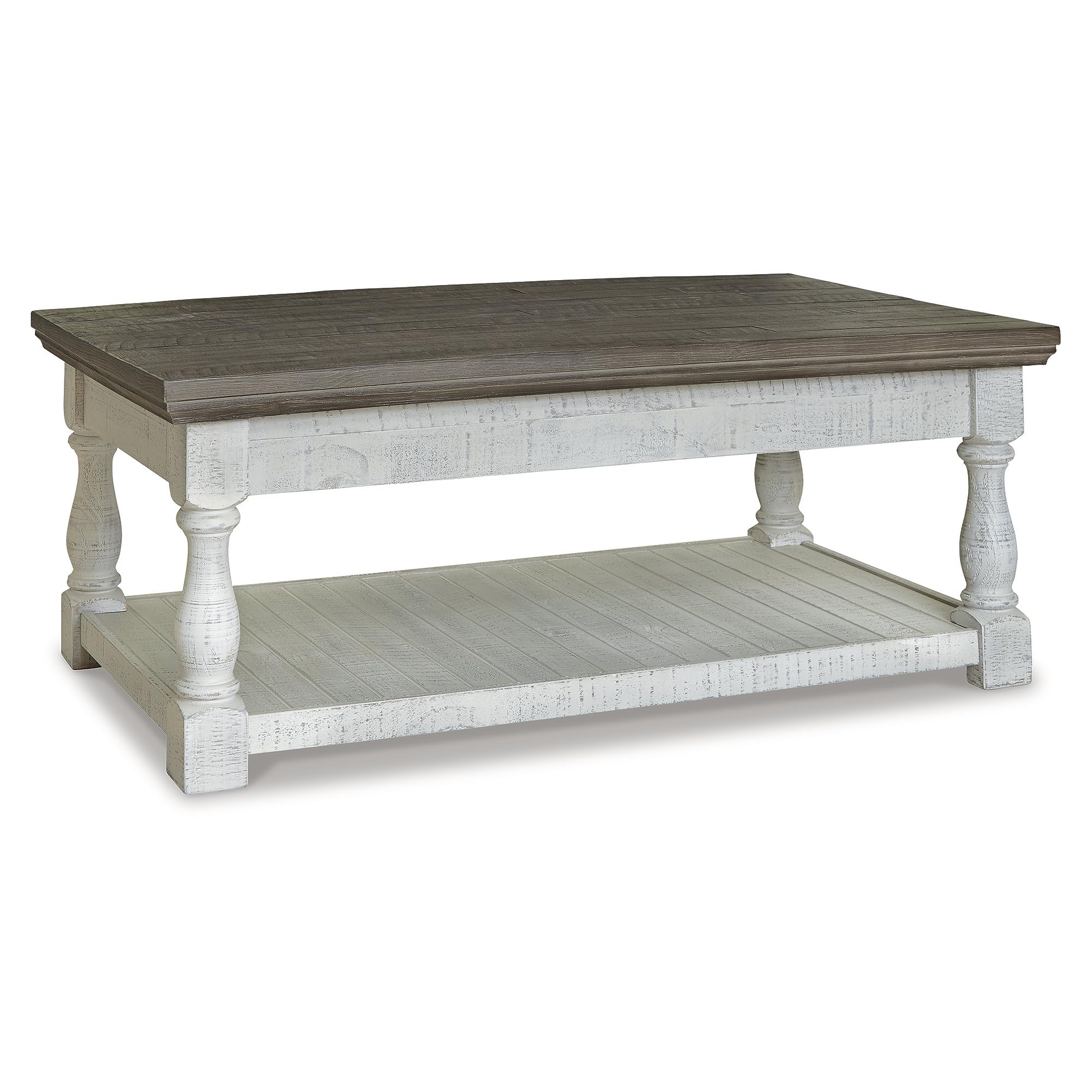 Signature Design by Ashley Havalance Farmhouse Lift Top Coffee Table with Fixed Shelf and 2 Hidden Storage Trays, Gray & White with Weathered Finish