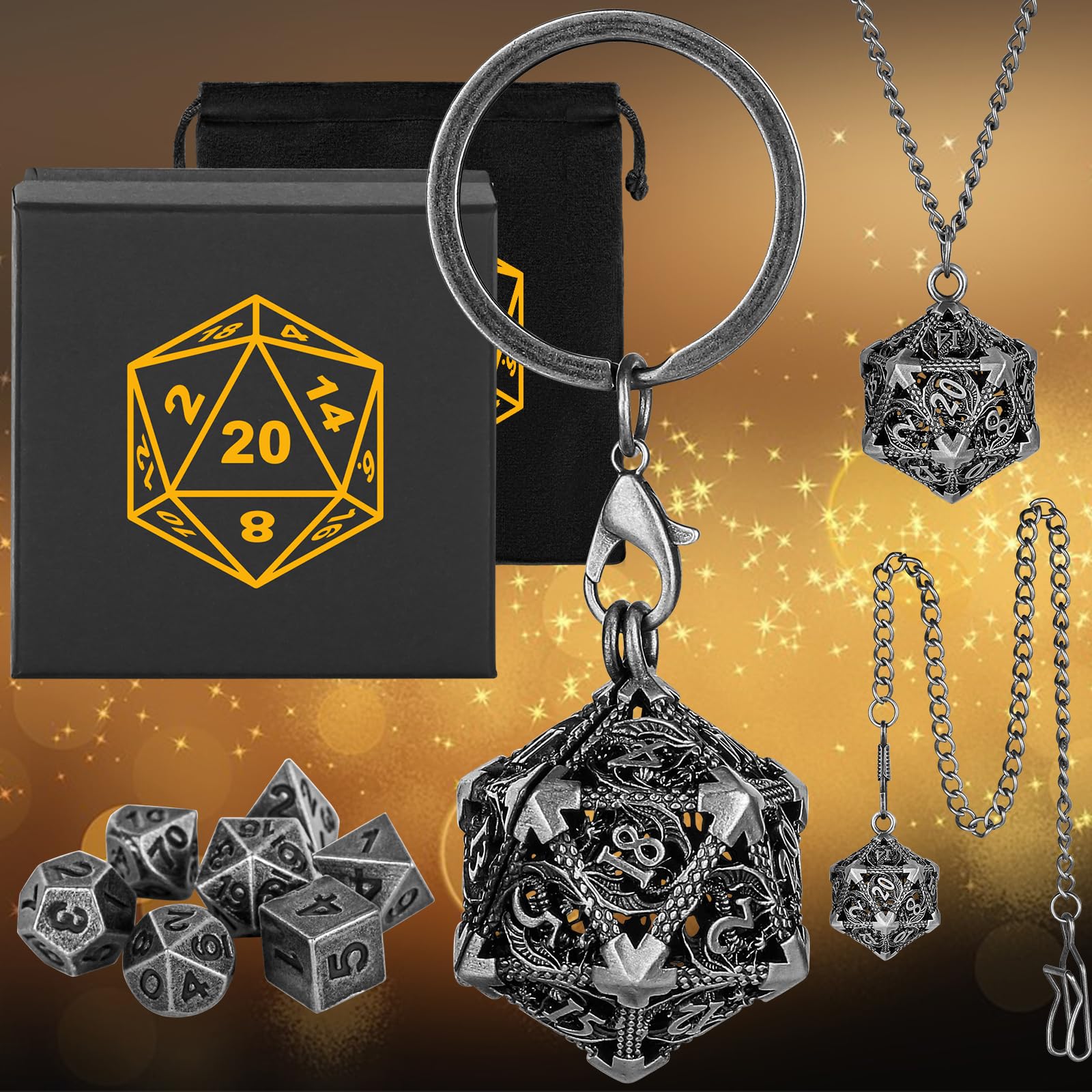 Mini Set di Dadi DND con Portachiavi Portatile, Collana, Catena da Tasca, Gabbia Metallica Vuota D20 Drago, Mini Set Poliédrici in Metallo da 7 Pezzi, Regali D&D con Scatola Regalo, Argento Scuro