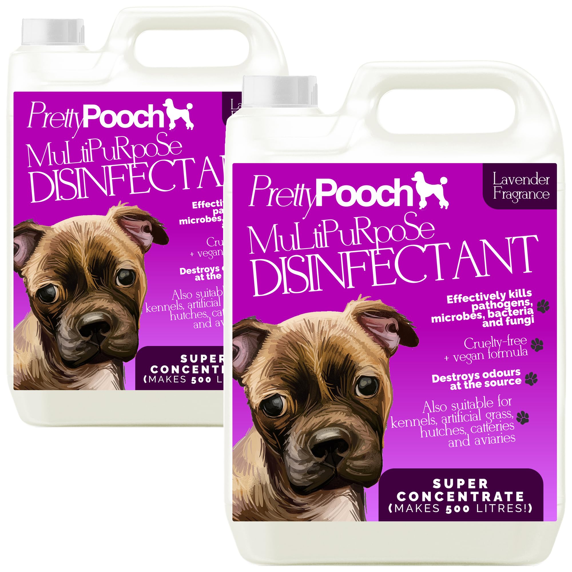Pretty Pooch Multipurpose Disinfectant - Cleaner, Sanitiser, Deodoriser - Concentrated Formula - For Use in Kennels, Catteries, Hatches - Cruelty Free Formula - 2 x 5L (Lavender)