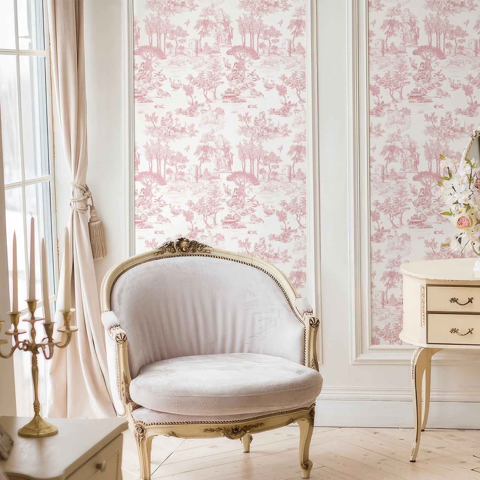 WENMER Toile Wallpaper, 17.7" X 590" Pink and White Peel and Stick Wall Paper, Toile de Jouy Wallpaper, French Vintage Contact Paper for Bedroom, Walls, Backdrop, Cabinet, Home Decor: 17.7" x 118" Pink