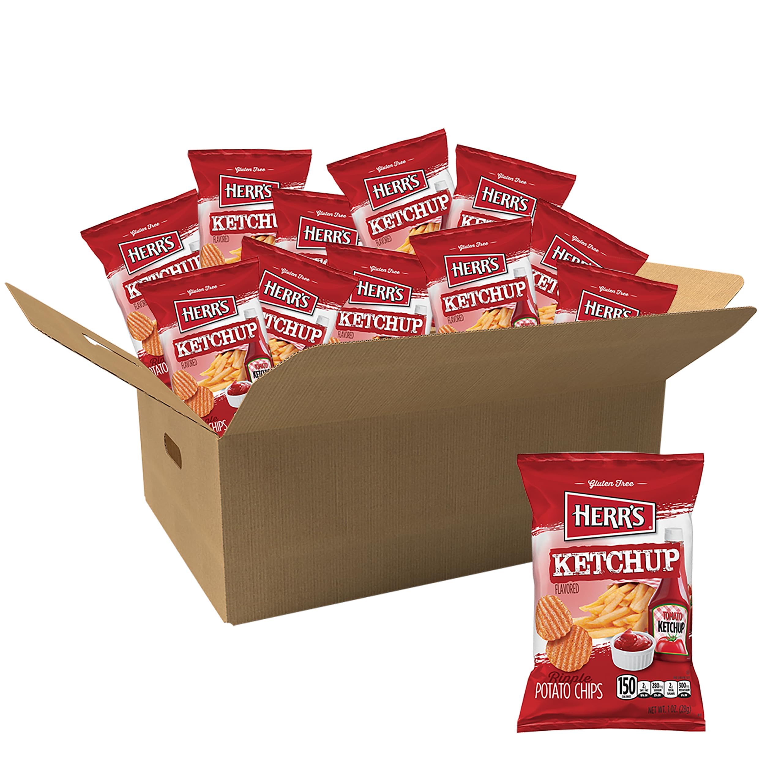 Herr's Ketchup Ripple Potato Chips Sample Pack (Pack of 12, 1 Ounce Bags) – Bold and Tangy Ketchup-Flavored Chips – Fun for Snacking and Sharing