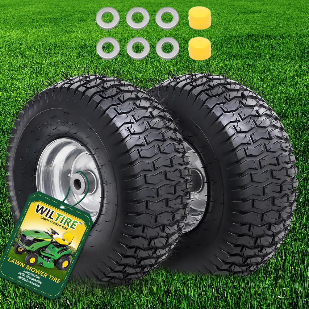 Conjunto de neumáticos y ruedas sin cámara de 15 x 6.00-6 (paquete de 2), neumáticos delanteros de repuesto para cortacésped, compatible con cortacésped y tractor de césped, cubo centrado de 3