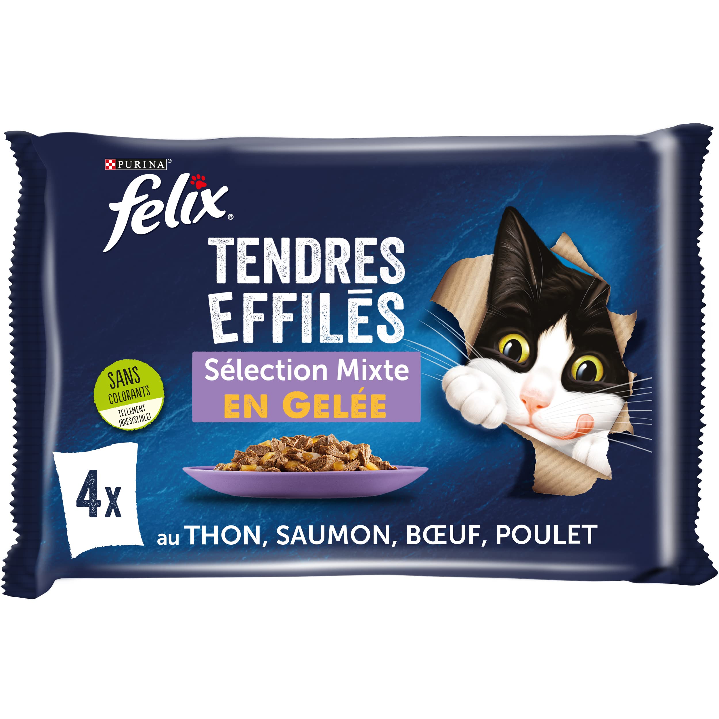 FELIX Tiernas Afiladas en Jalea | Gato Adulto | Selección de Pollo, Ternera, Atún, Salmón | Juego de 4 x 85 g | Bolsa Fresca