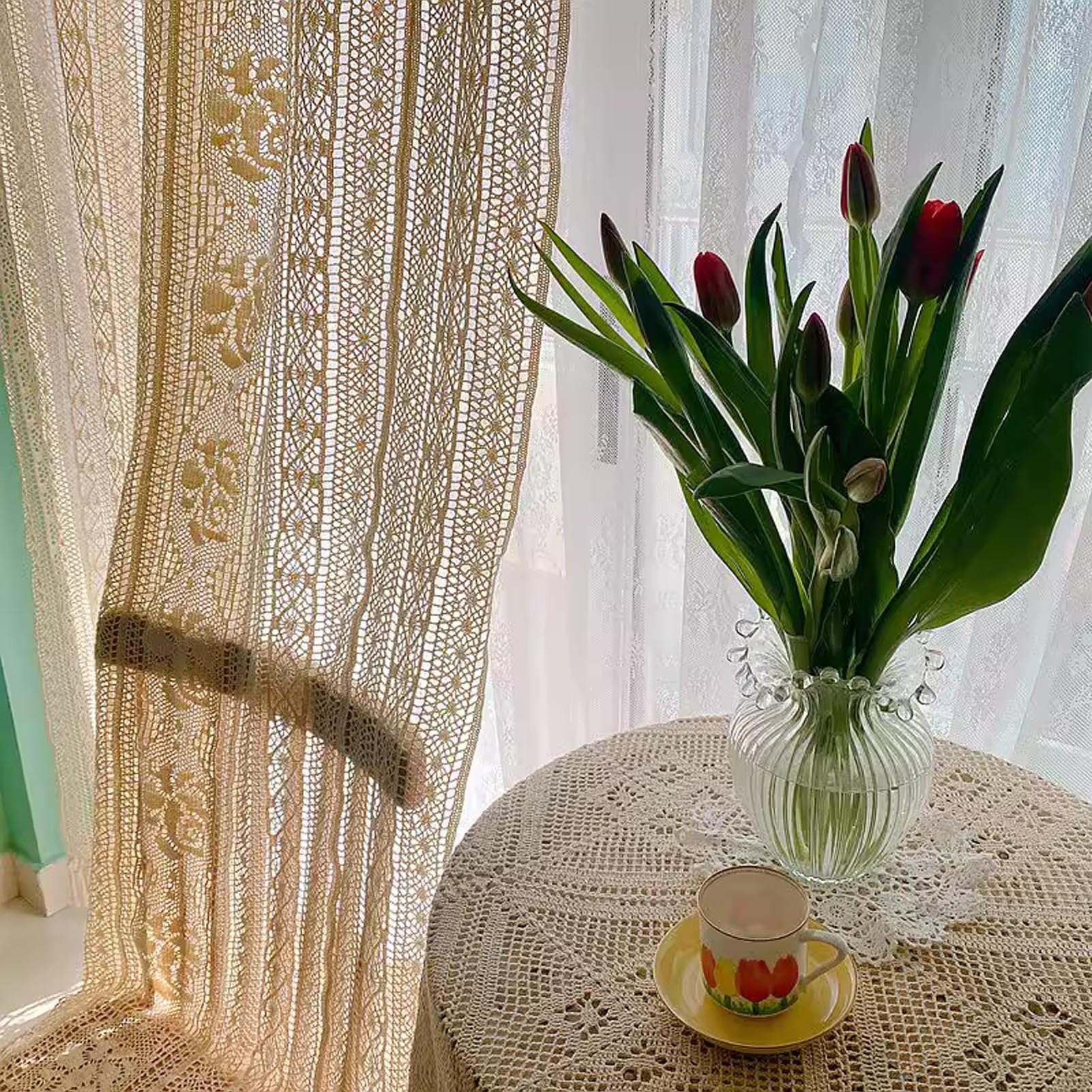 Rideau Au Crochet Boho Chic avec Glands, Rideau en Dentelle Brodée Florale de Ferme pour Chambre à Coucher et Salon, 1 Panneau