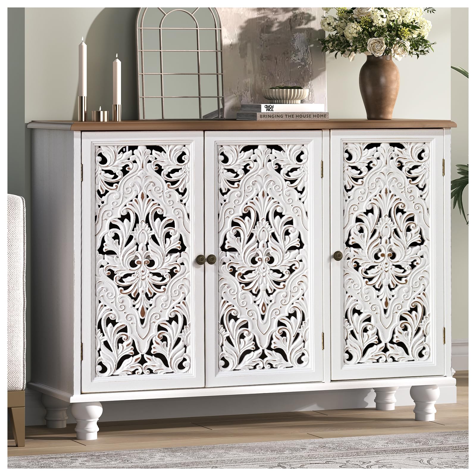 Accent Cabinet with 3 Doors, Decorative Storage Cabinet with Adjustable Shelf, Carved Sideboard Buffet with Solid Wood Legs for Living Room, Entryway, Kitchen, Hallway, White