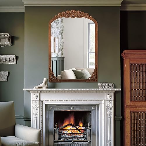 NeuType Espejo vintage de pared arqueado, marco de madera maciza tallada, espejo de pared para decoración del hogar, baño, entradas, sala de estar,