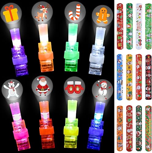Christmas Party Favors for Kids,32PCS LED Light Up Finger Lights,Christmas Toys Gifts for Students Party Supplies,Novelty Items Classroom Prizes Stocking Stuffers,Extra Gifts 12PCS Slap Bracelets