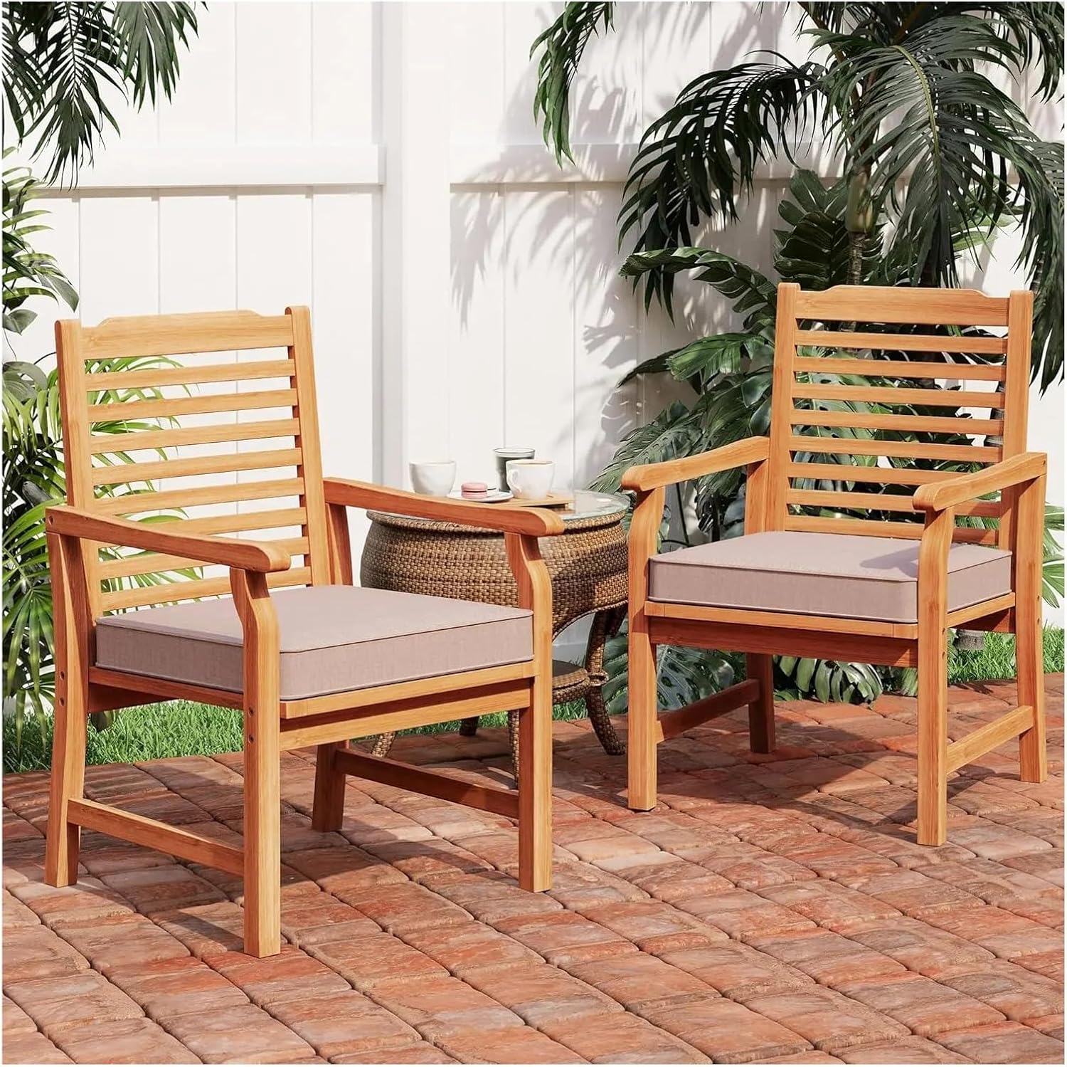 Dining Chairs Outdoor 2pcs Slatted Style Backrest Outdoor Wooden Armchairs Dining Chairs with Soft Cushion