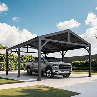 Carport 14 ft. x 20 ft. Hardtop Gazebo Heavy Duty Garage Car Shelter with Brown Powder-Coated Steel Roof/Black Frame and 2 Ceiling Hooks, Shade for Backyard, Patio Lawn and Garden