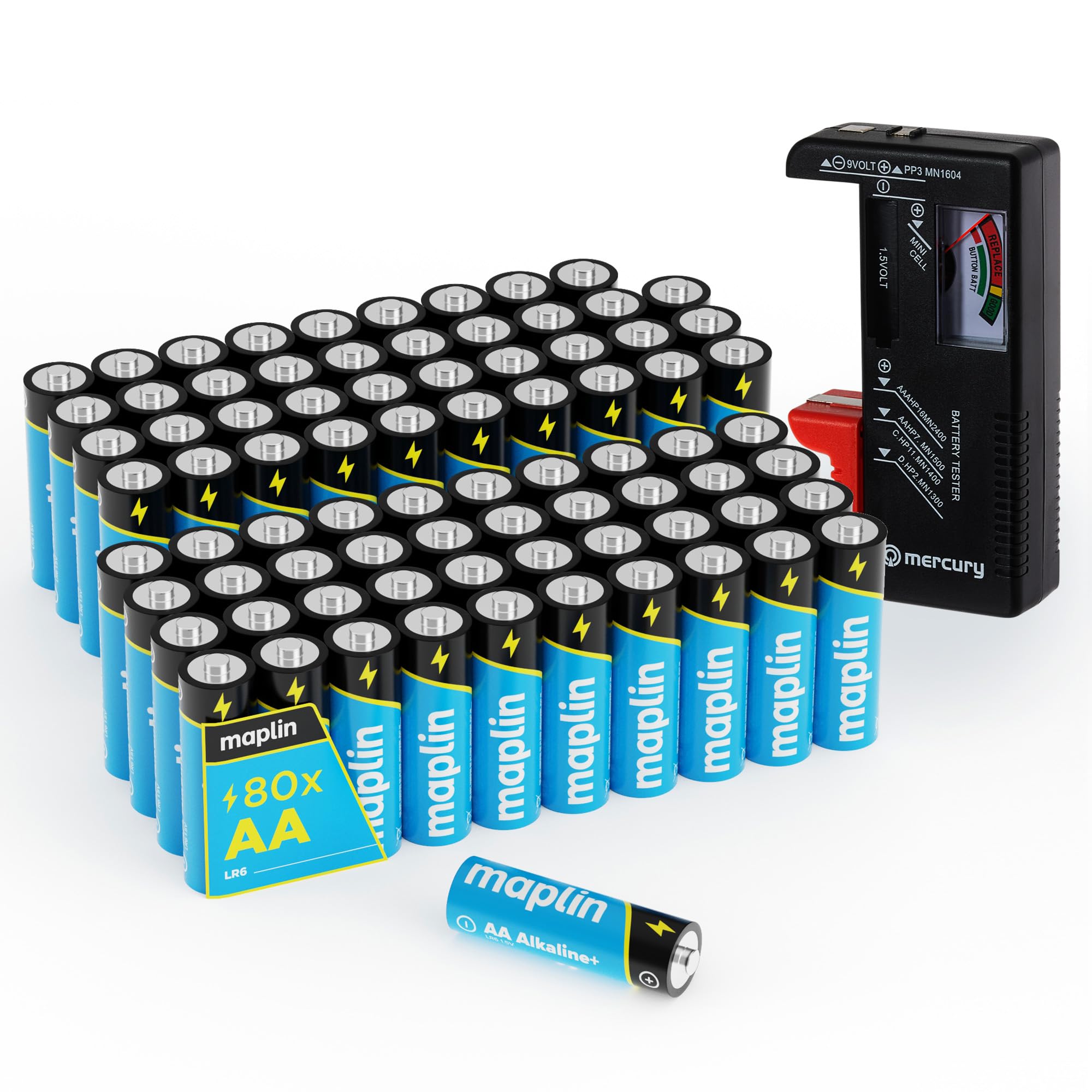 Maplin 80x AA LR6 1.5V Alkaline Batteries 10 Year Shelf Life High Performance with Universal Battery Tester