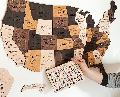 Miniatura 4 de WOODWAYCRAFT - Rastreador de viaje de madera con mapa de Estados Unidos, arte de pared rústico 3D de Estados Unidos, decoración de mapa de madera