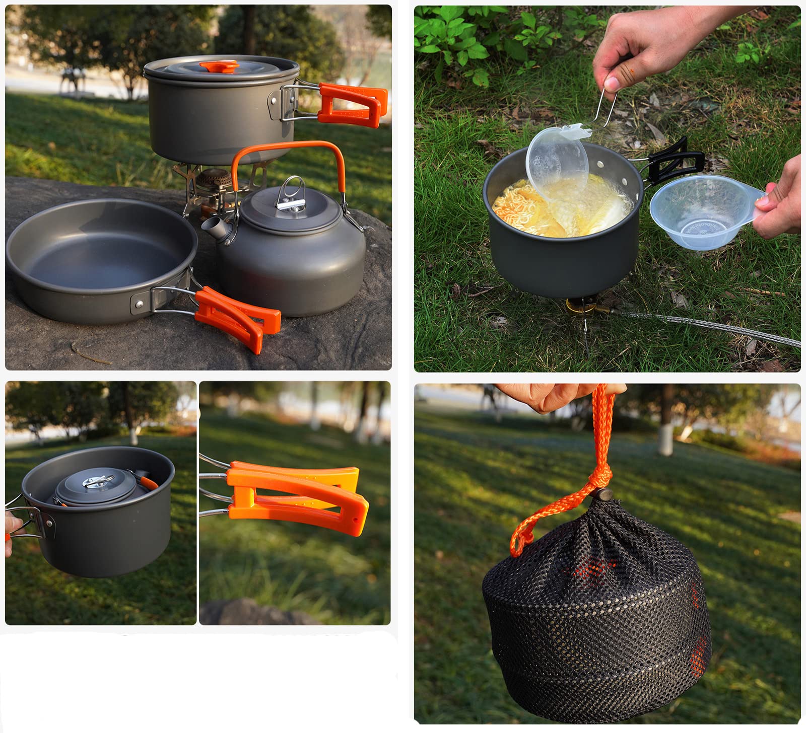 Set de Ollas Camping 2-3 Personas Kit de Utensilios de Cocina de Camping Aluminio Ollas y Sartenes para Acampar 10 PCS Cocina Portátil para Camping Senderismo Acampada al Aire Libre (Naranja)