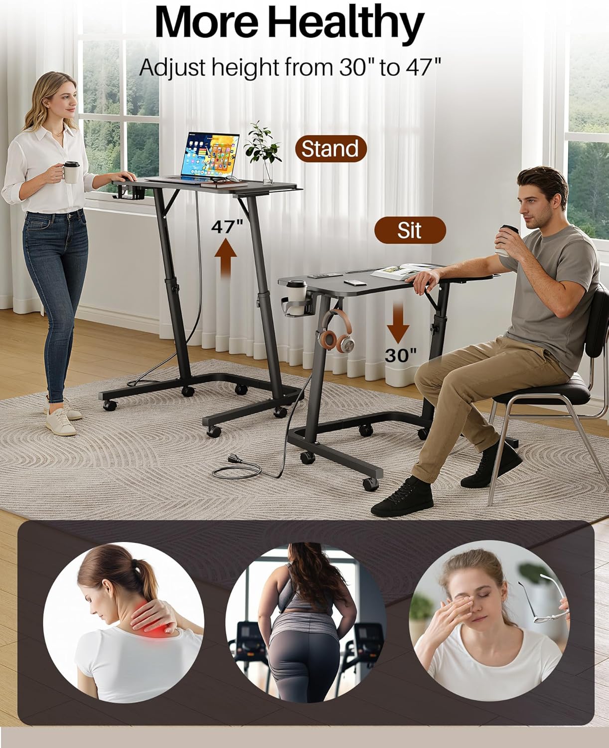 Adjustable Height Standing Desk for Walking Pad, Mobile Treadmill Desk with Power Socket, Cup Holder, Portable Rolling Laptop Table with Wheels for Home Office Work Bike Cycling Trainer, Black